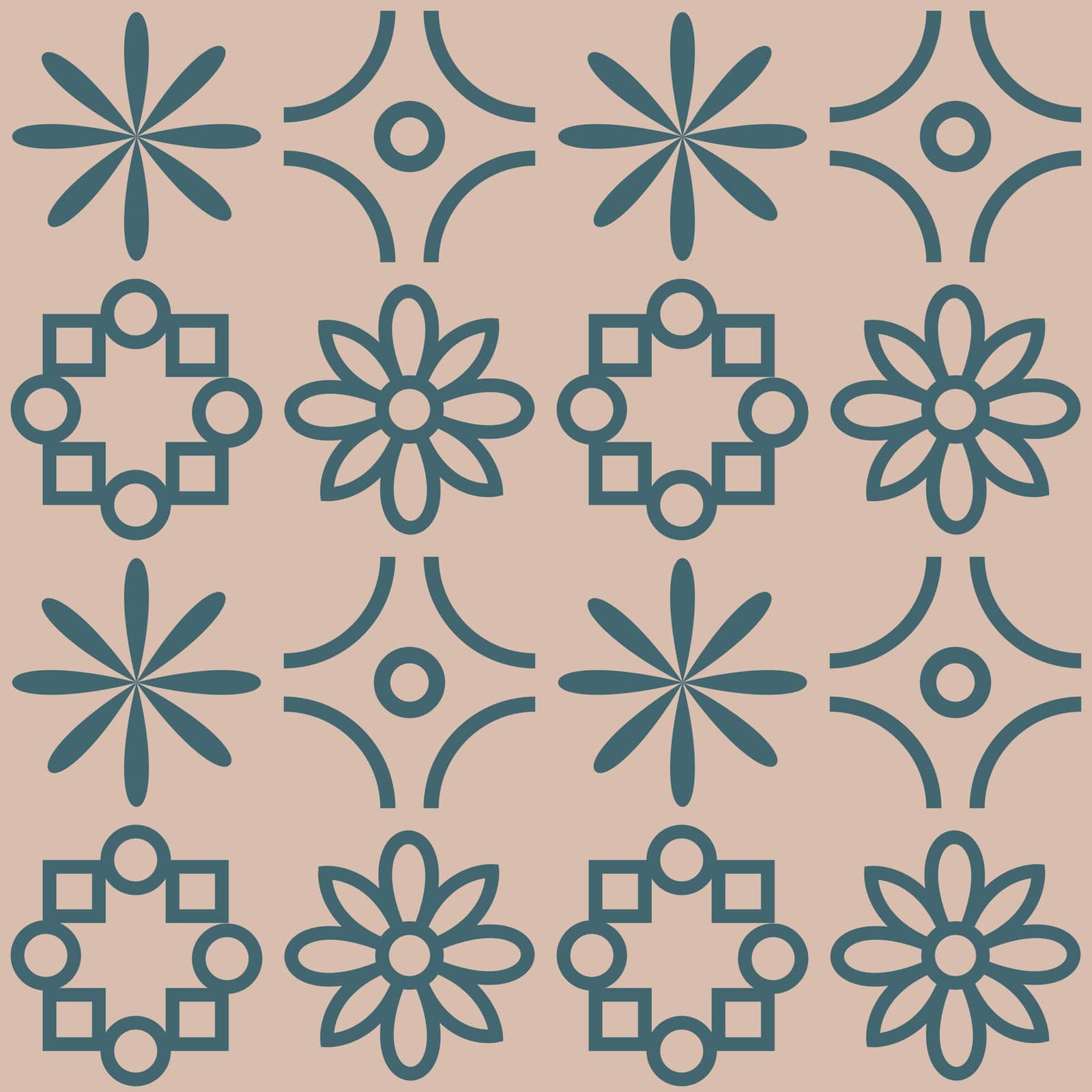 Seamless floral pattern. Geometric pattern with the image of floral figures on a beige background. Vector illustration.