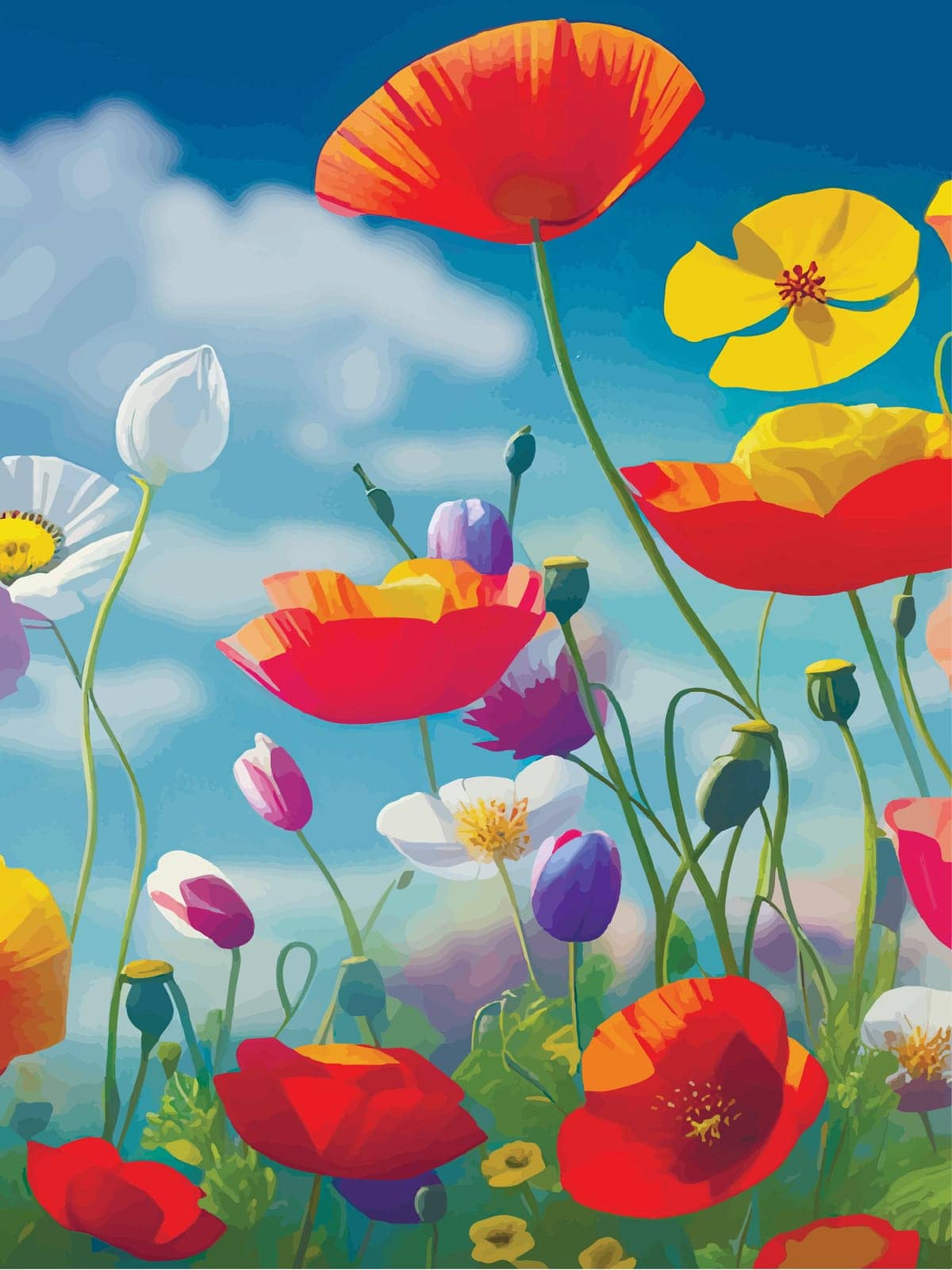 Simple natural vertical background with red blooming poppies. Spring landscape with poppy field, floating clouds on the sky. Nature Look Vector illustration.