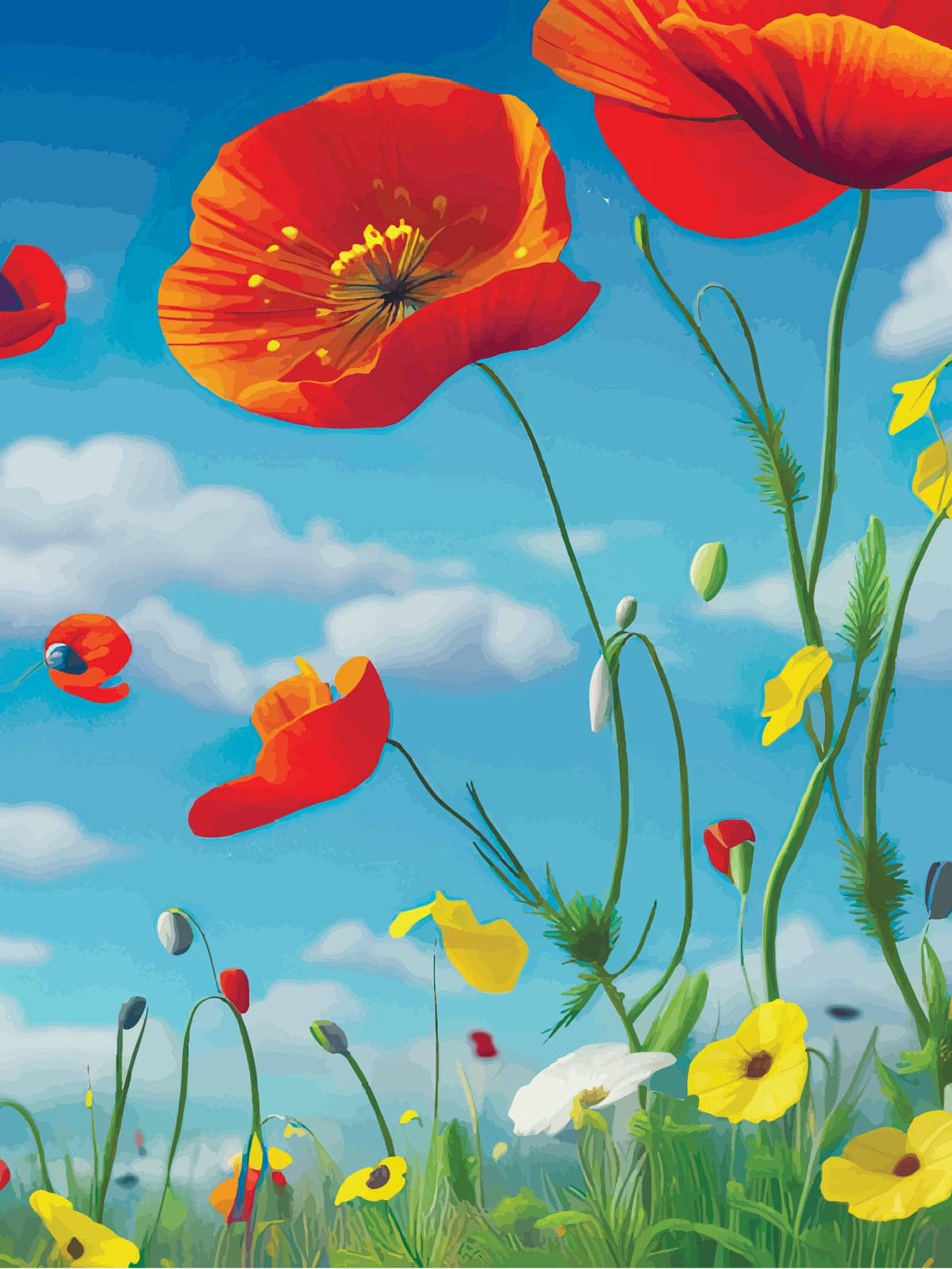 Multicolor poppy flowers in bloom in grass. Banner vector illustration on blue sky background. Spring landscape. Symbol of a summer flowering plant. Flower landscapes illustration as wallpaper
