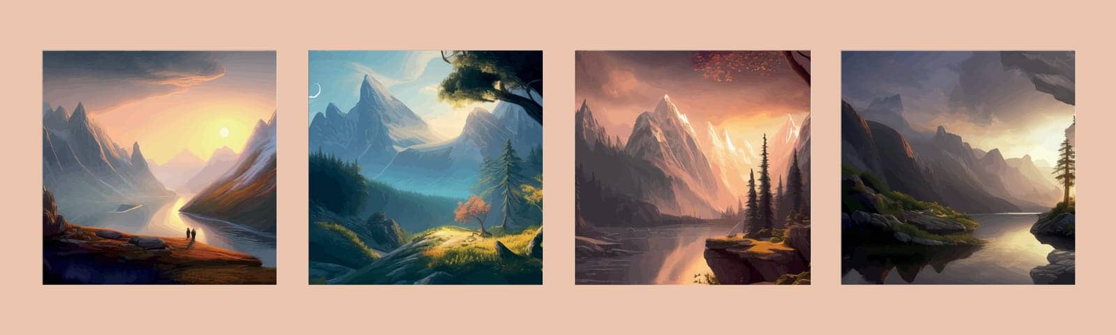 Forest and mountains river landscape vector. Foggy cloudy day vector illustration. Summer season alpine wildlife with scenic view
