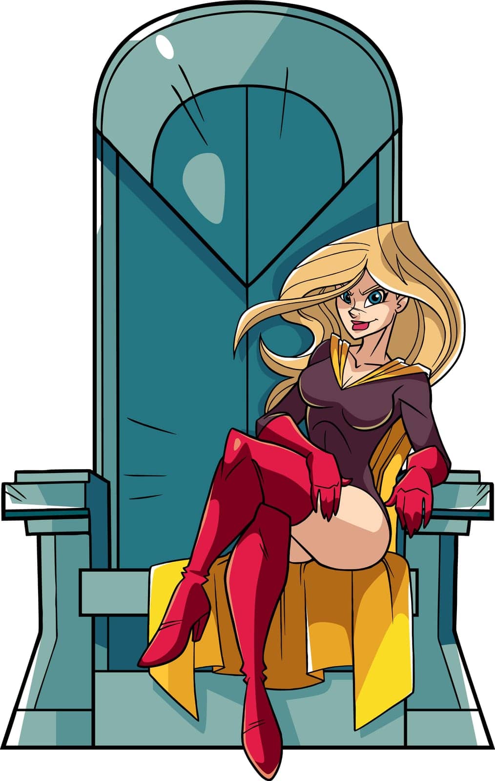 Front view full length illustration of a  cartoon superheroine sitting on an iron throne as a positive concept for power and leadership isolated on white background for copy space.