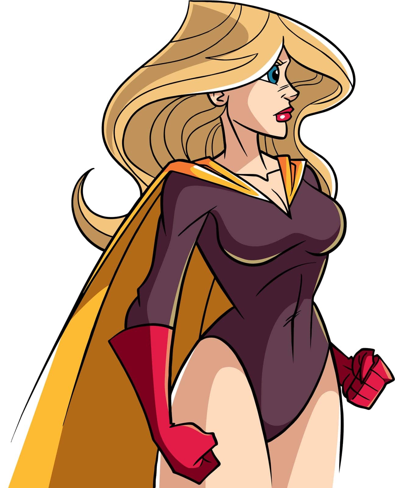 Side view illustration of a powerful and determined superheroine with yellow cape looking forward ready for action on white background for copy space