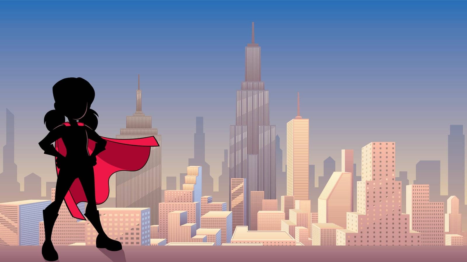 Silhouette illustration of super heroine girl wearing red cape against city background as copy space.