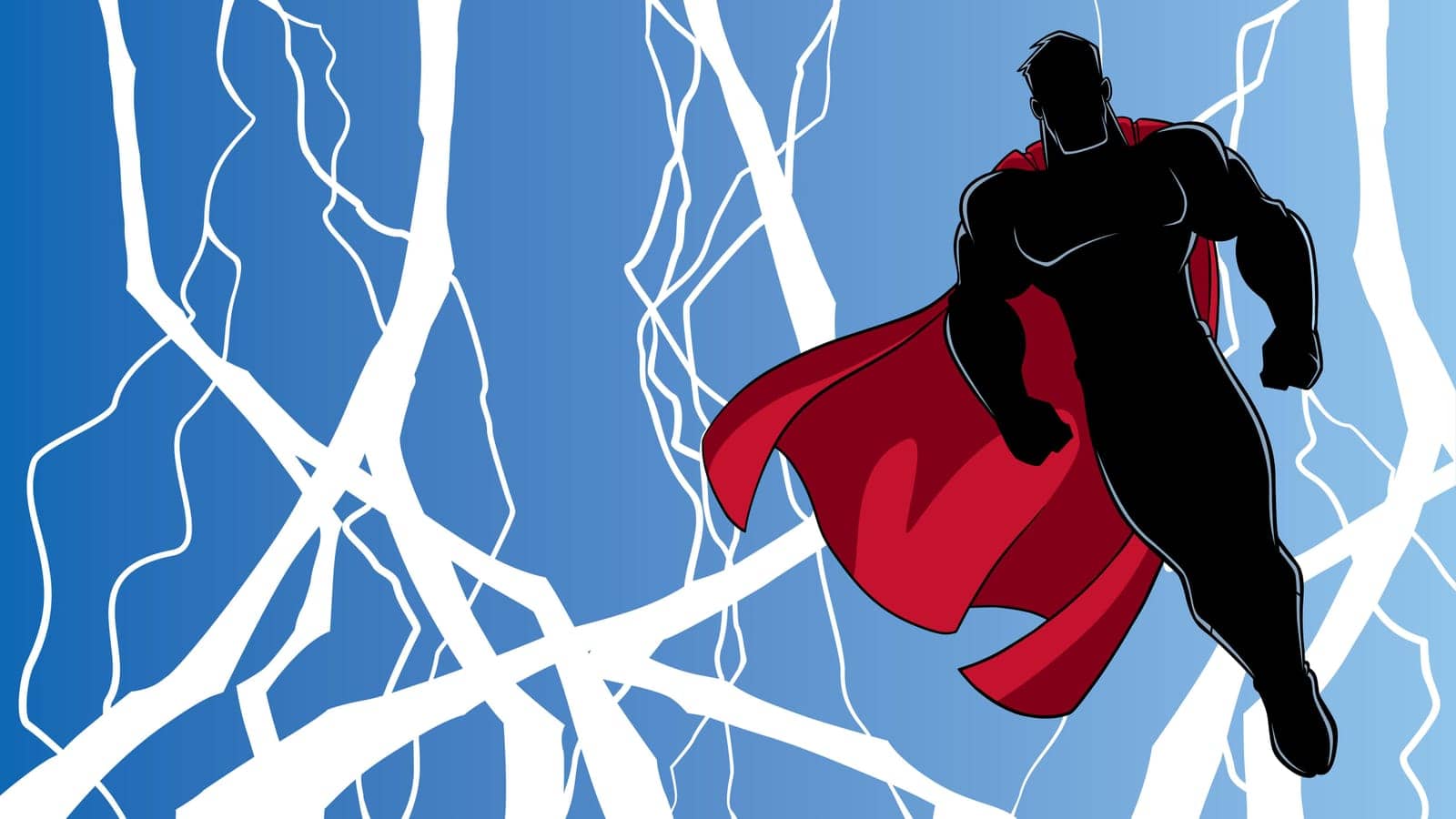 Full length silhouette illustration of powerful superhero looking down while soaring in the sky during a thunderstorm.