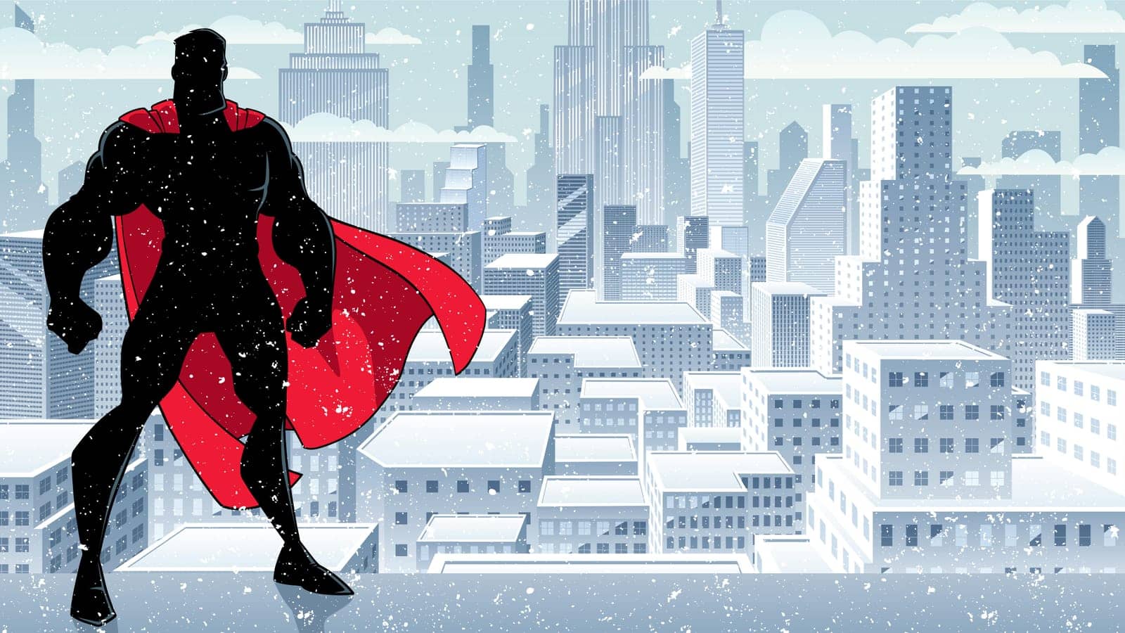 Silhouette of superhero standing tall on winter city background with copy space.