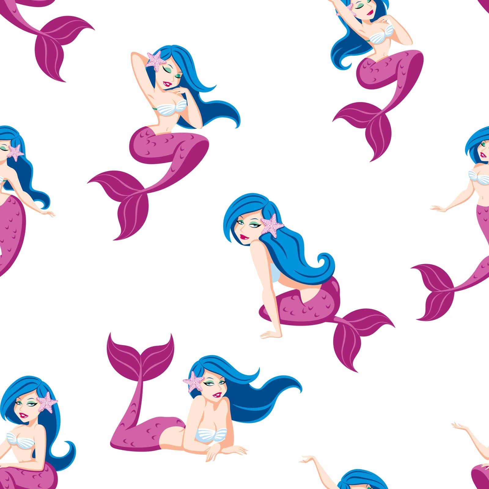 Seamless pattern with cartoon mermaid in different poses.