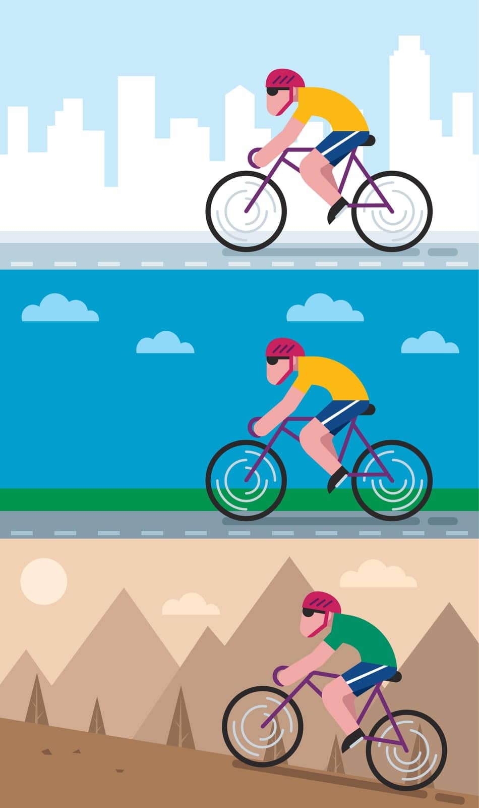 Set of 3 flat design illustrations of character cycling through different areas.