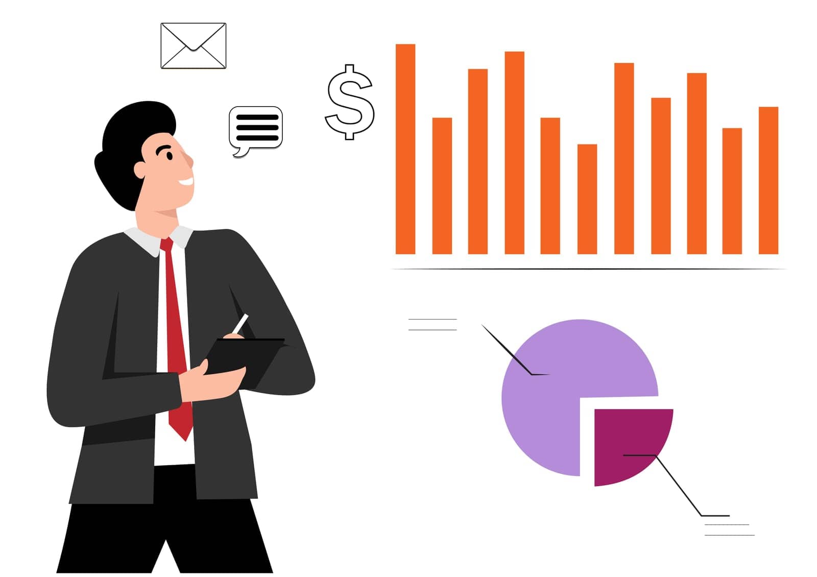 Manager presents analysis charts, statistical, financial and strategic reports, data analysis research.
