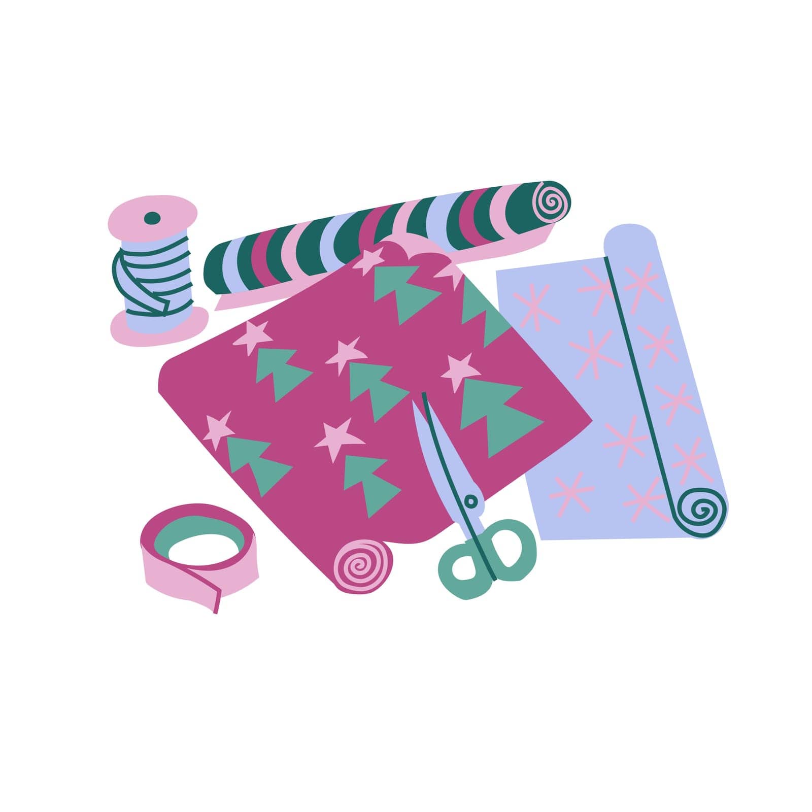Christmas gift wrapping workplace. A colorful flat illustration of three decorative paper rolls, scissors, ribbon, and tape. Isolated on a white background
