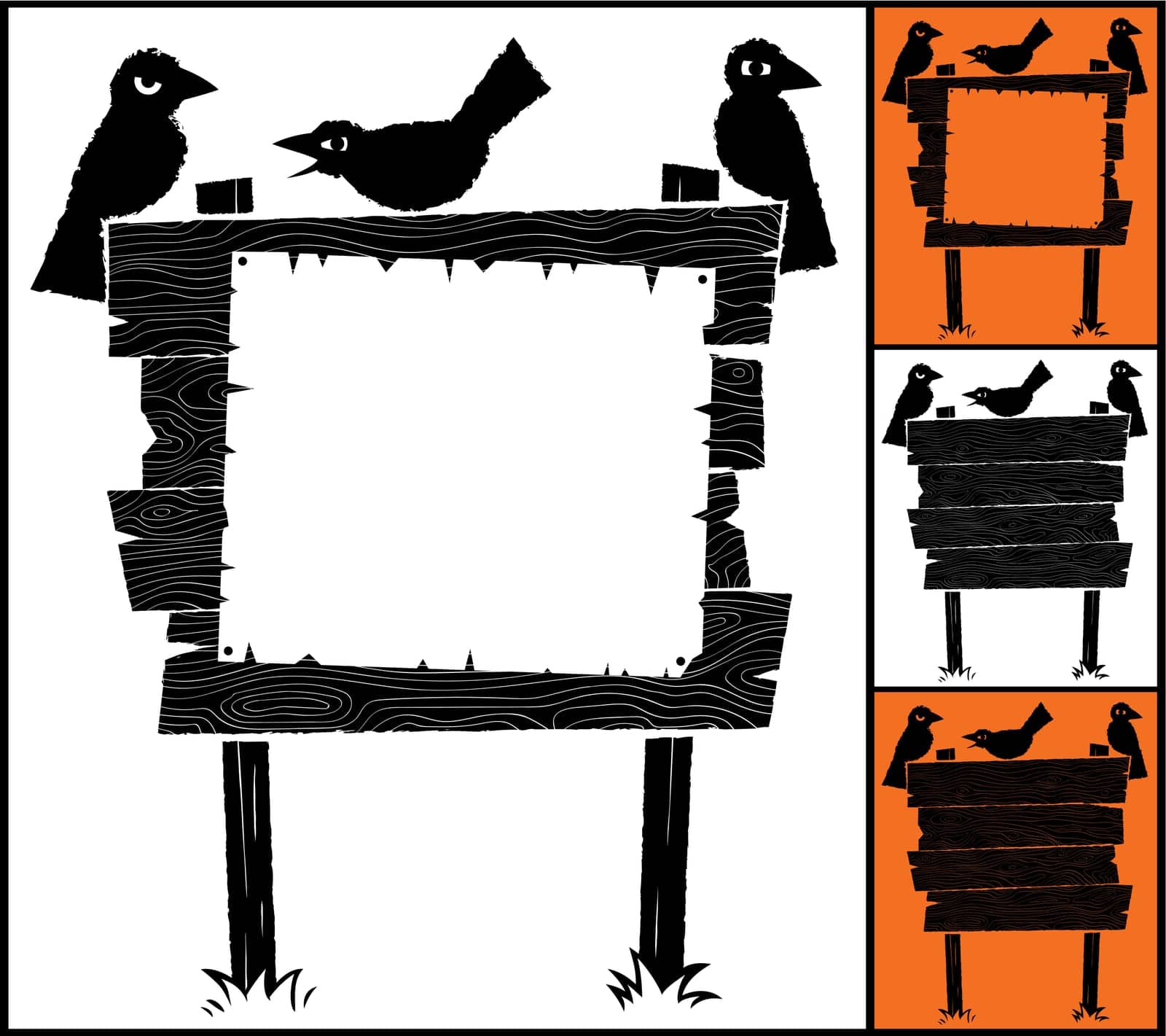 Cartoon wooden sign with crows and copyspace.