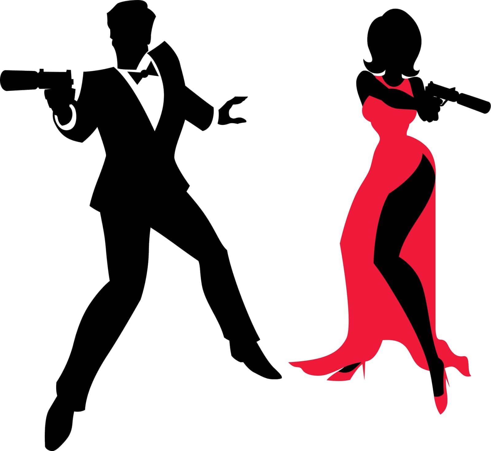 Silhouettes of spy couple over white background. No transparency and gradients used.