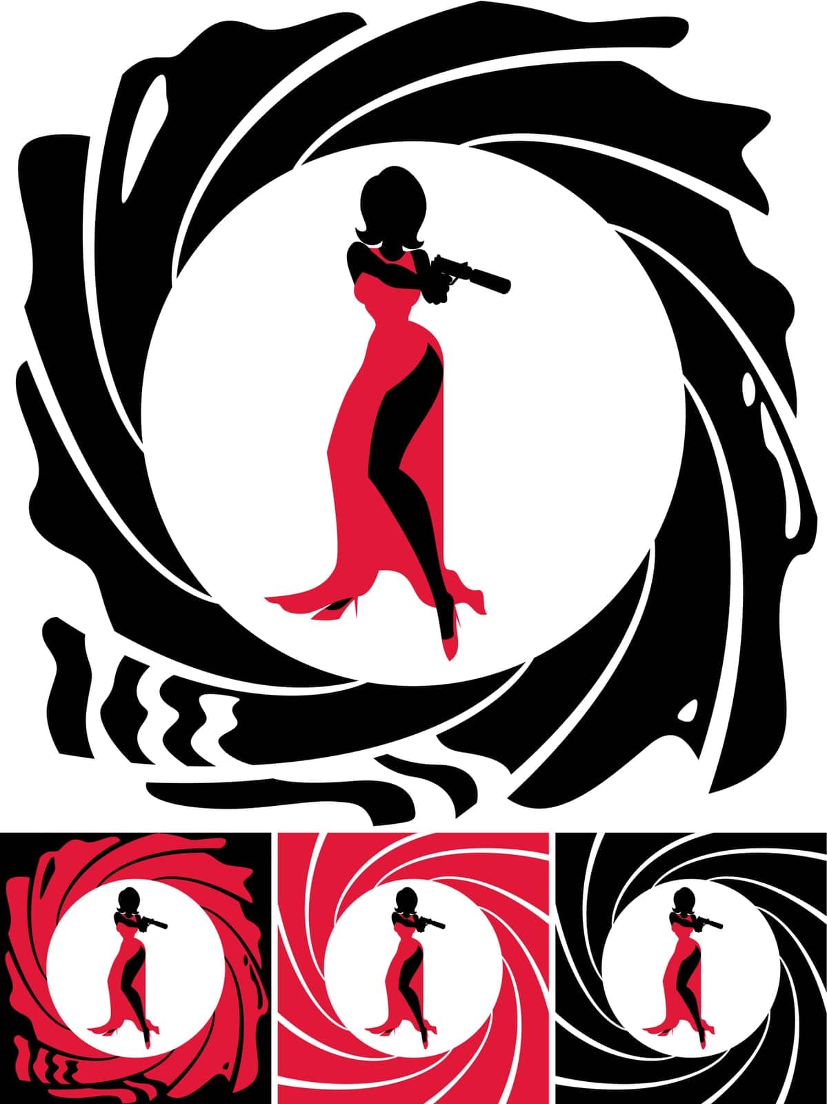 Silhouette of female secret agent. Illustration is in 4 versions. No transparency and gradients used. 

