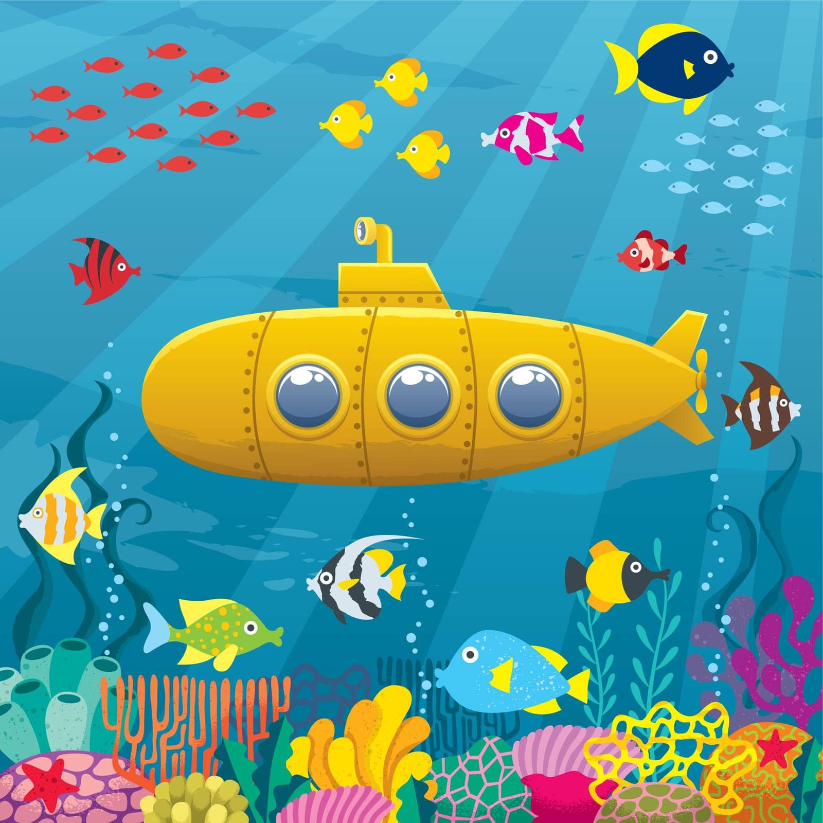 Cartoon yellow submarine underwater. 