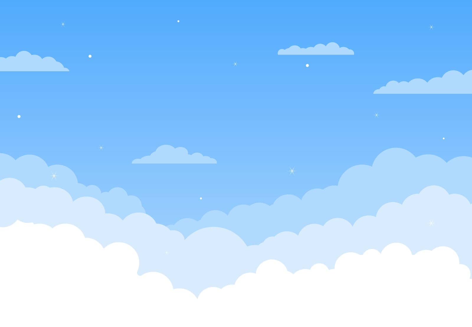 Cartoon style simple skyscape with clouds. Serene blue clear sky background with fluffy white clouds and light sparkles. Anime background. Flat lay for your designs, decoration, poster.