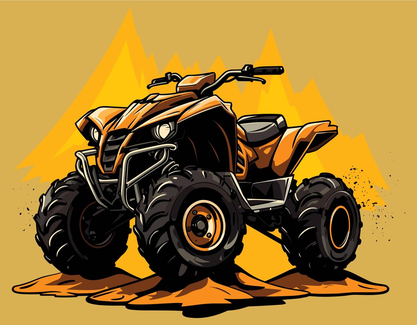 Vibrant illustration of orange all-terrain vehicle on sand, posed against yellow background with abstract sand dunes, ready for rugged adventures.