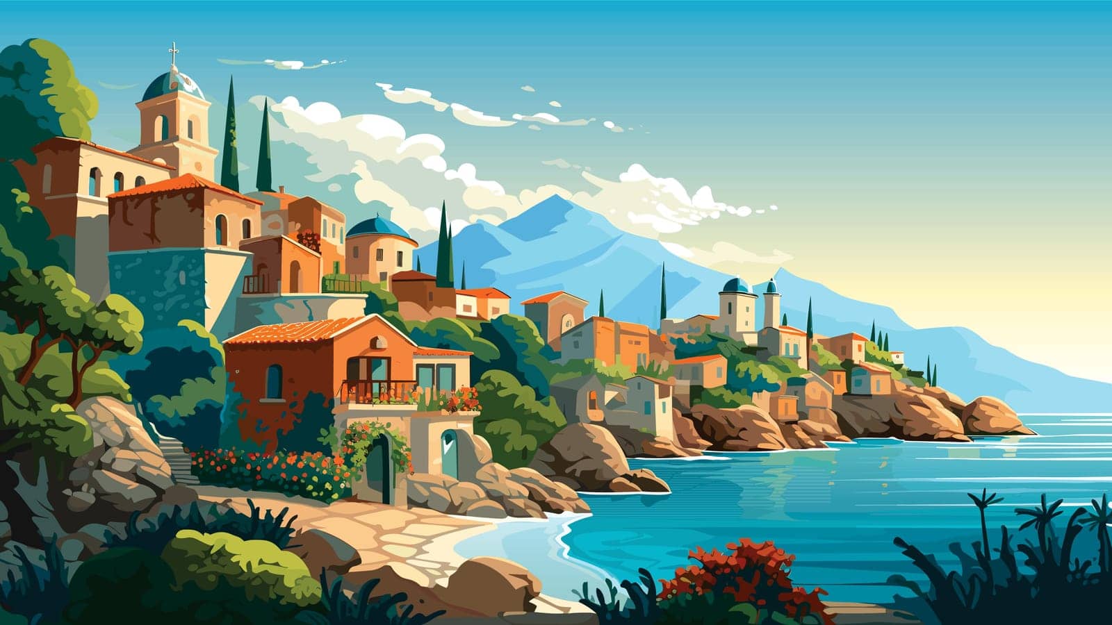 Picturesque coastal village with terra-cotta roofs nestled among lush greenery, overlooking serene blue waters with distant mountains under a clear sky.