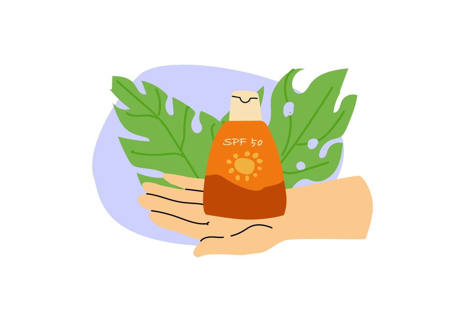 Cosmetic background concept for spf cosmetics. Vector illustration with monstera leaf. Concept for protection skin in resort, in summer time, on beach.