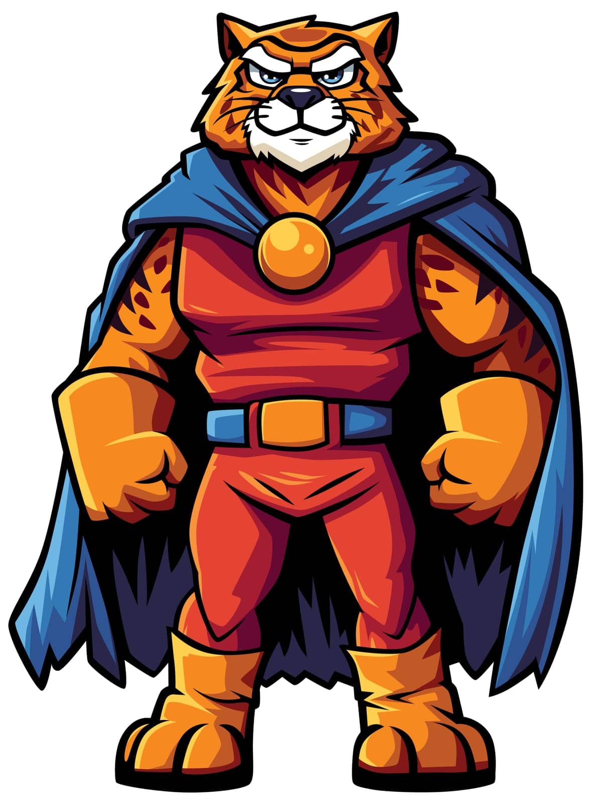 Tiger superhero exudes power in vibrant red outfit and blue cape. His fierce gaze and muscular build radiate valor and strength.