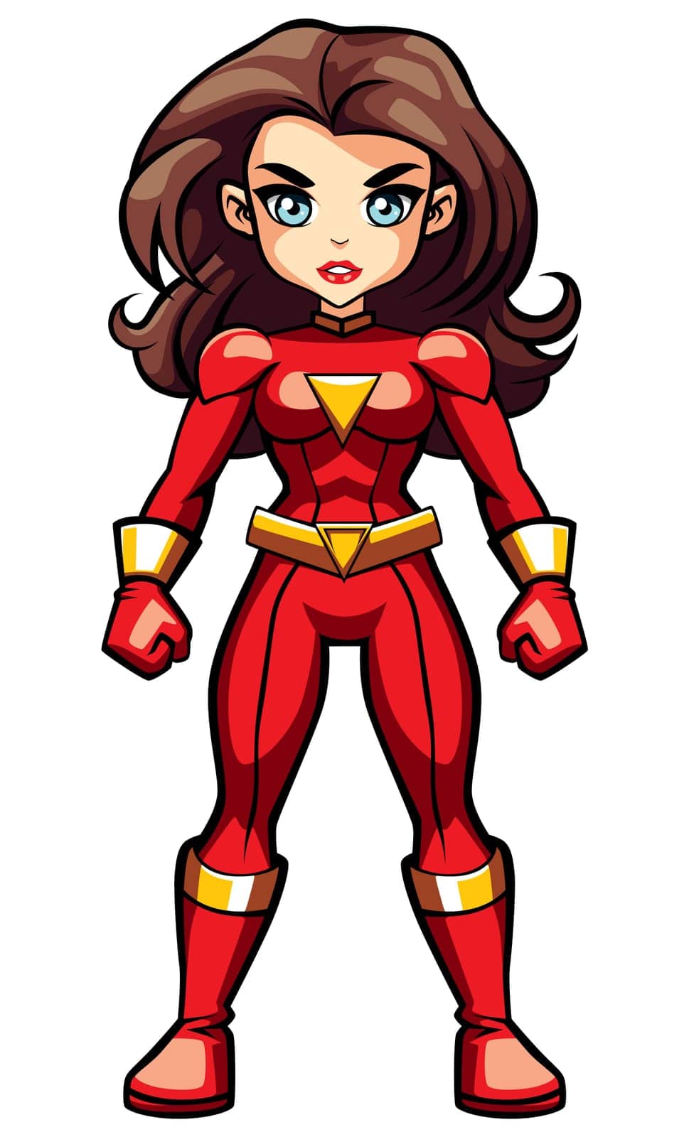 Female superhero in red costume with confident pose, vibrant and animated style.