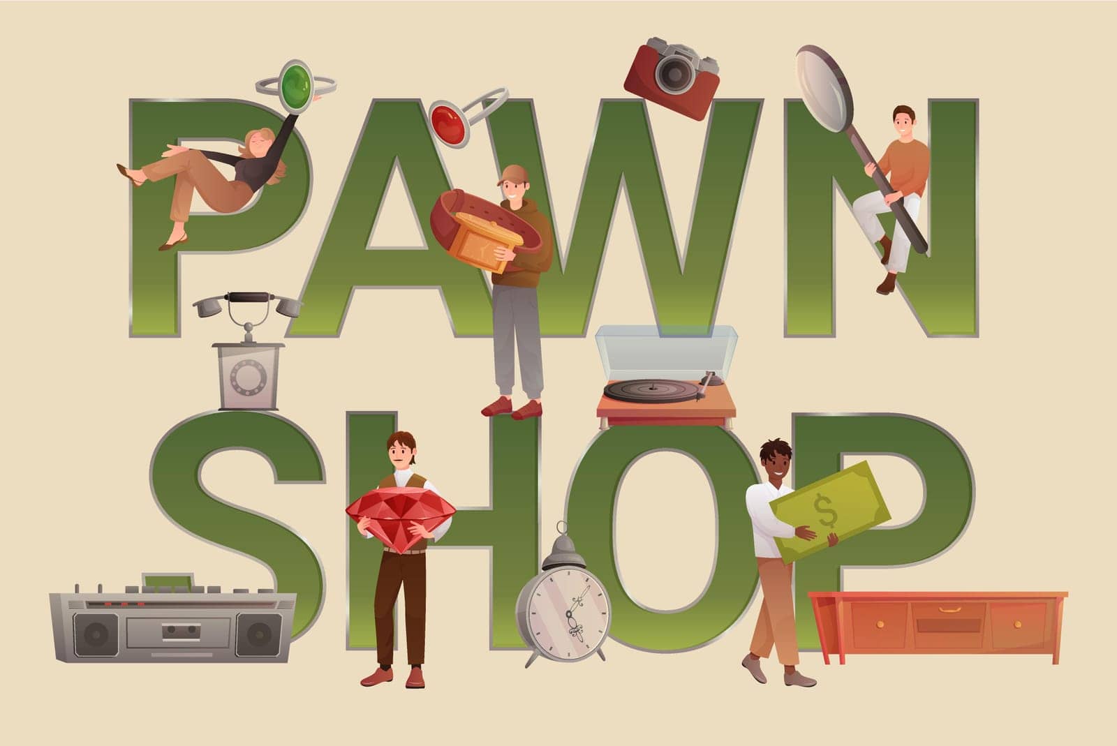 Pawnshop banner, poster design, tiny people buy and sell antique or jewelry in store by Popov