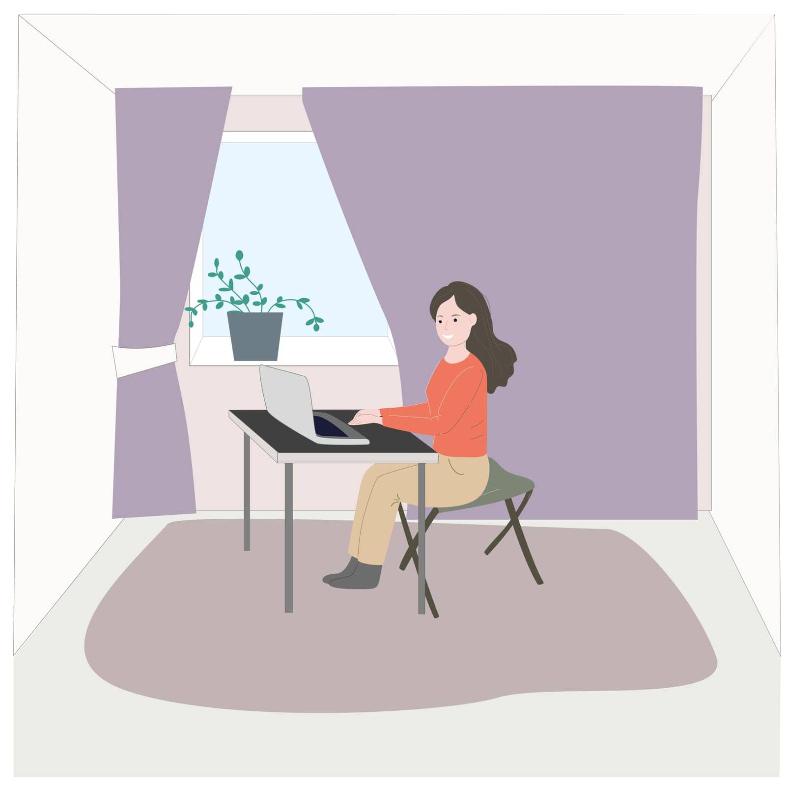 A girl works on the computer at home. Vector illustration for design, marketing, outsourcing at home. Remote work in a cozy environment
