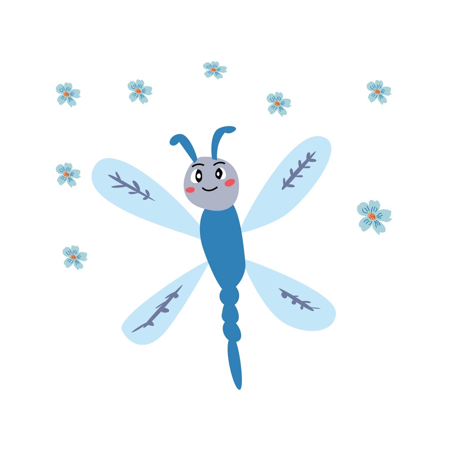 cute cartoon dragonfly and flower - backdrop. Vector illustration usable for covers, stikers, wallpapers, kids cards, party labels, textile print design, posters, postcards.