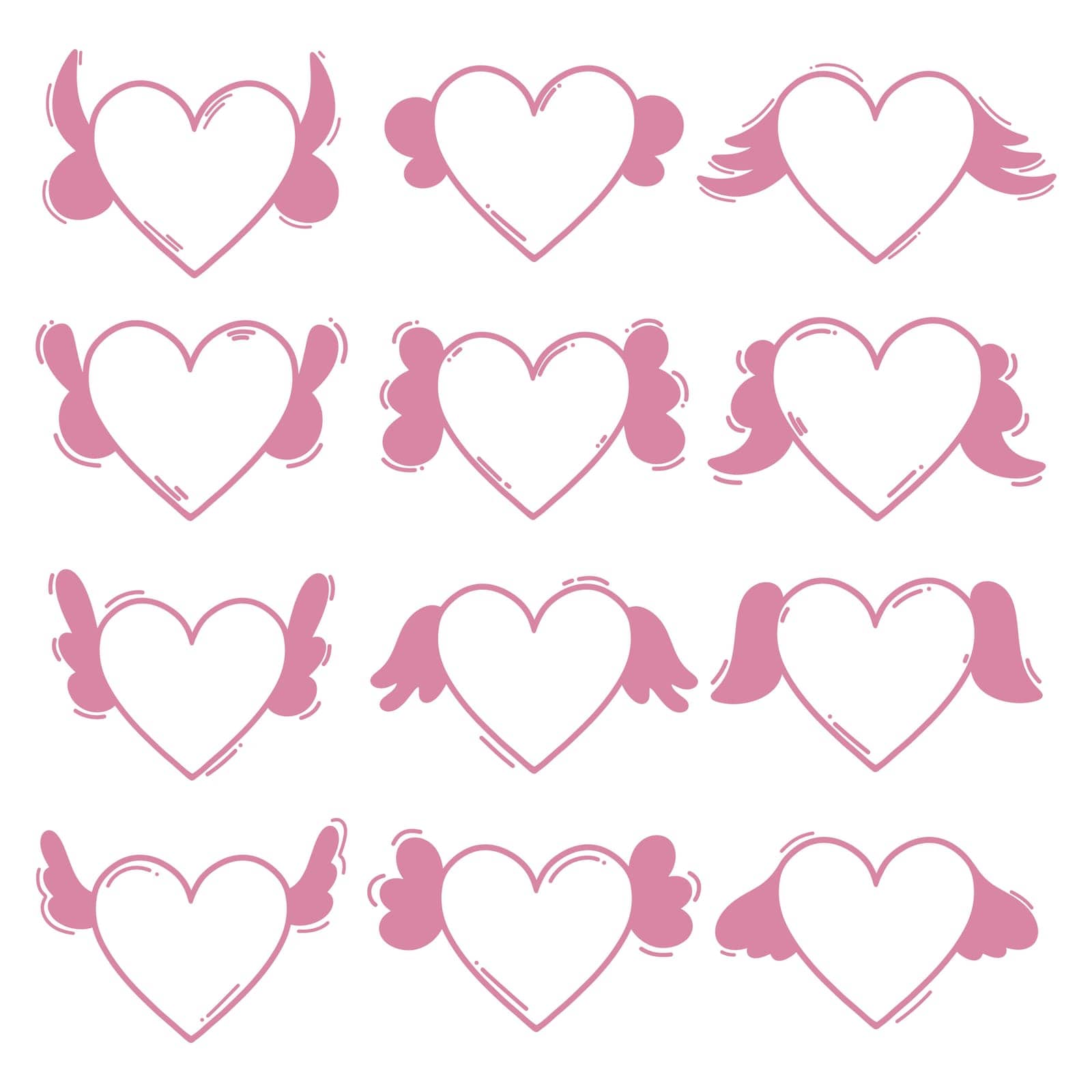 Set of pink elements. Pink hearts with different cupid wings by paninaartpuls