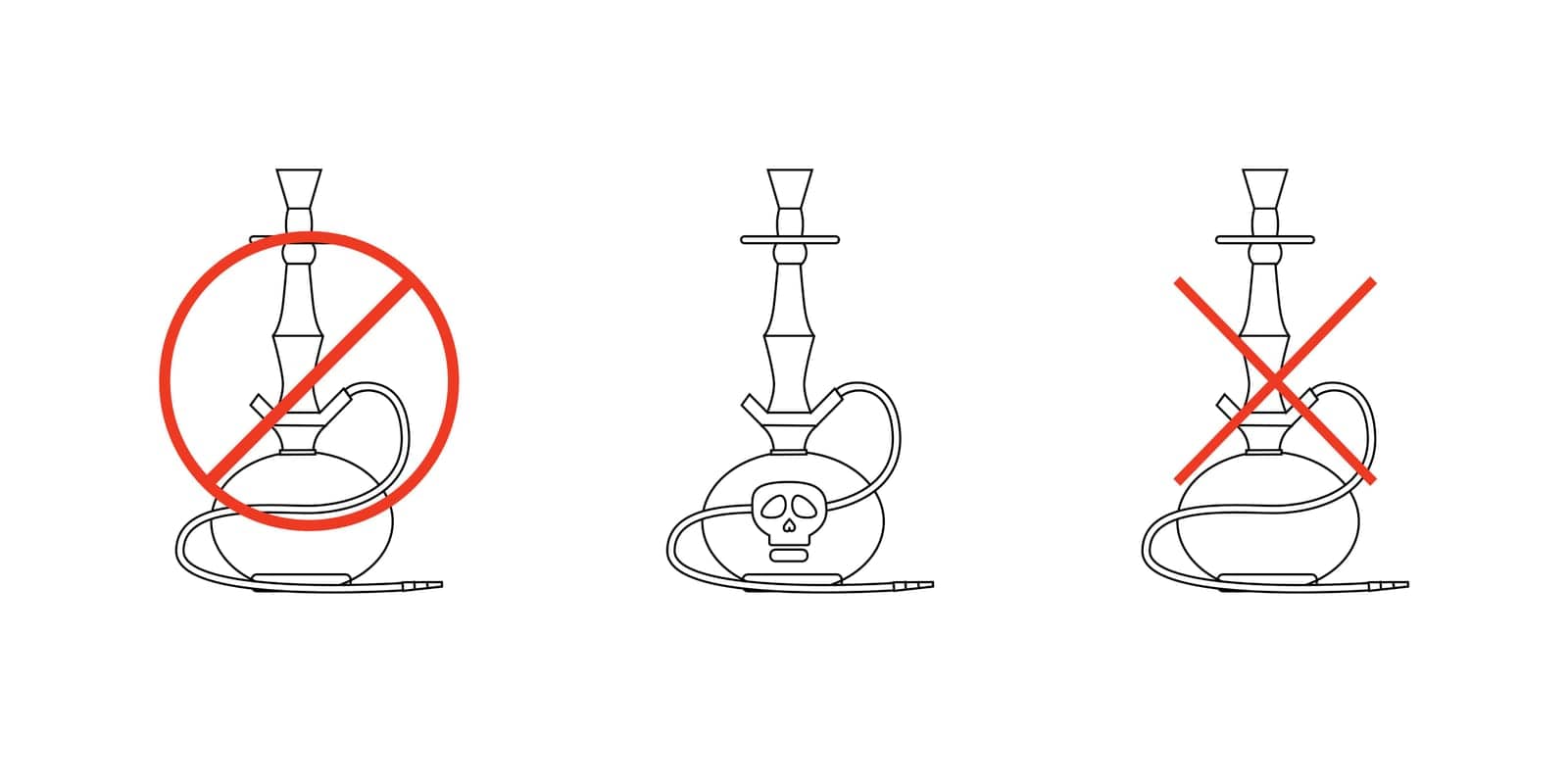 set of hookahs with a symbol of prohibition and danger. Vector illustration isolated. hookah with skull sign, forbidden place for hookahs.