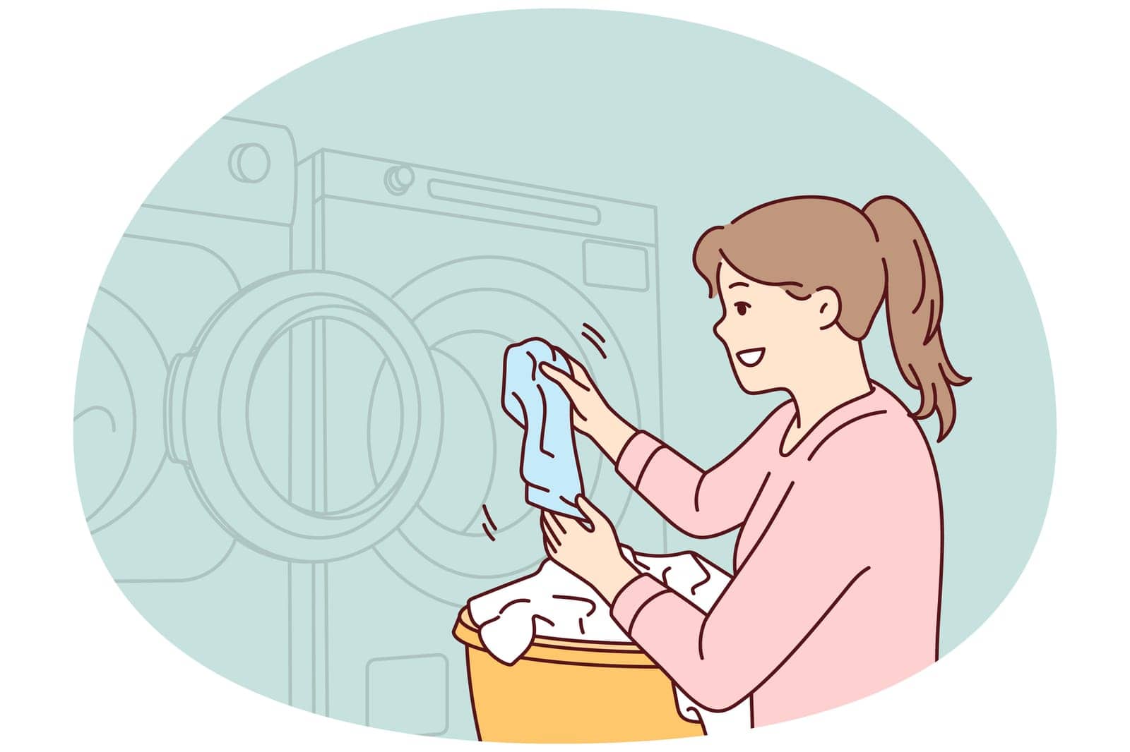 Woman throws dirty laundry into washing machine to make laundry fresh and smell good. Vector image by Vasilyeva