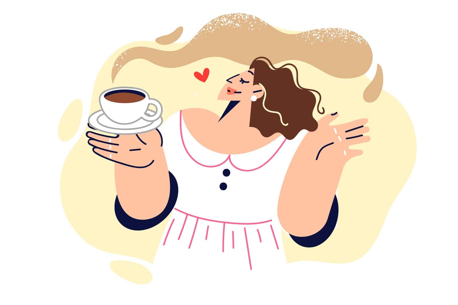 Woman drinks coffee and enjoys aroma of invigorating hot drink, enjoying happy morning. Young girl in white dress holding cup of delicious espresso coffee for breakfast or work break