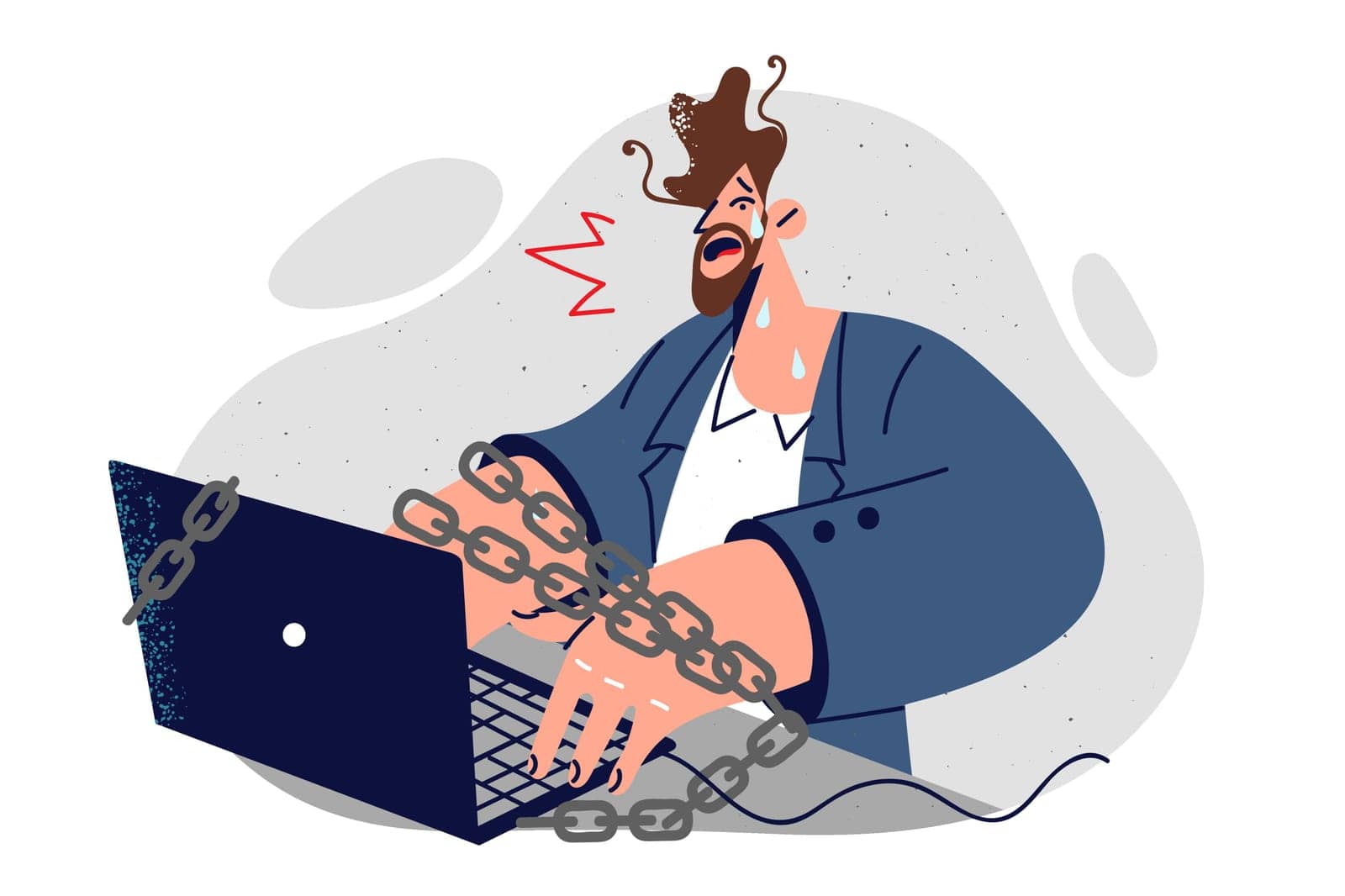 Corporate slave is crying sitting at computer with chains and feeling tired or professional burnout. Man slave chained to laptop symbolizes internet addiction of freelancers or office employees.