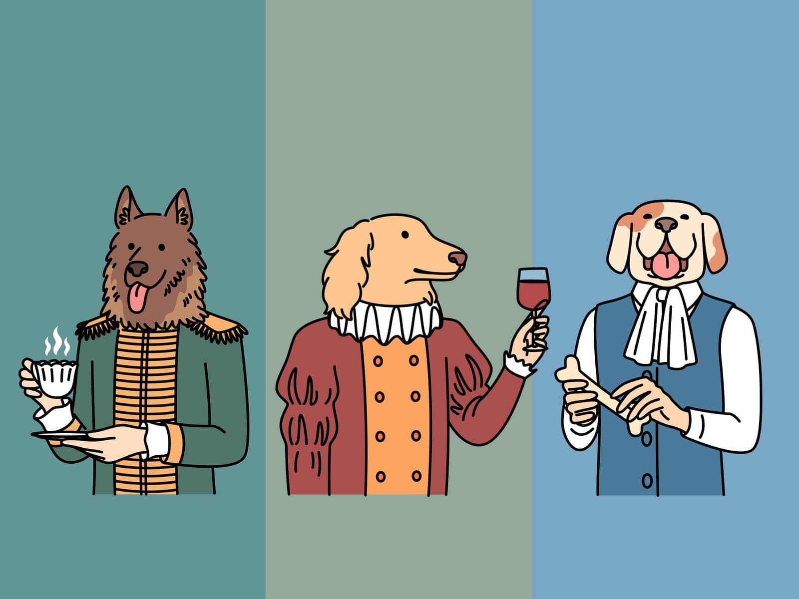 Dogs with body of people in clothes of lords and medieval kings hold mug of tea or glass of wine. Parody dogs in image of aristocrats from high society of 18th century dressed in vintage costumes