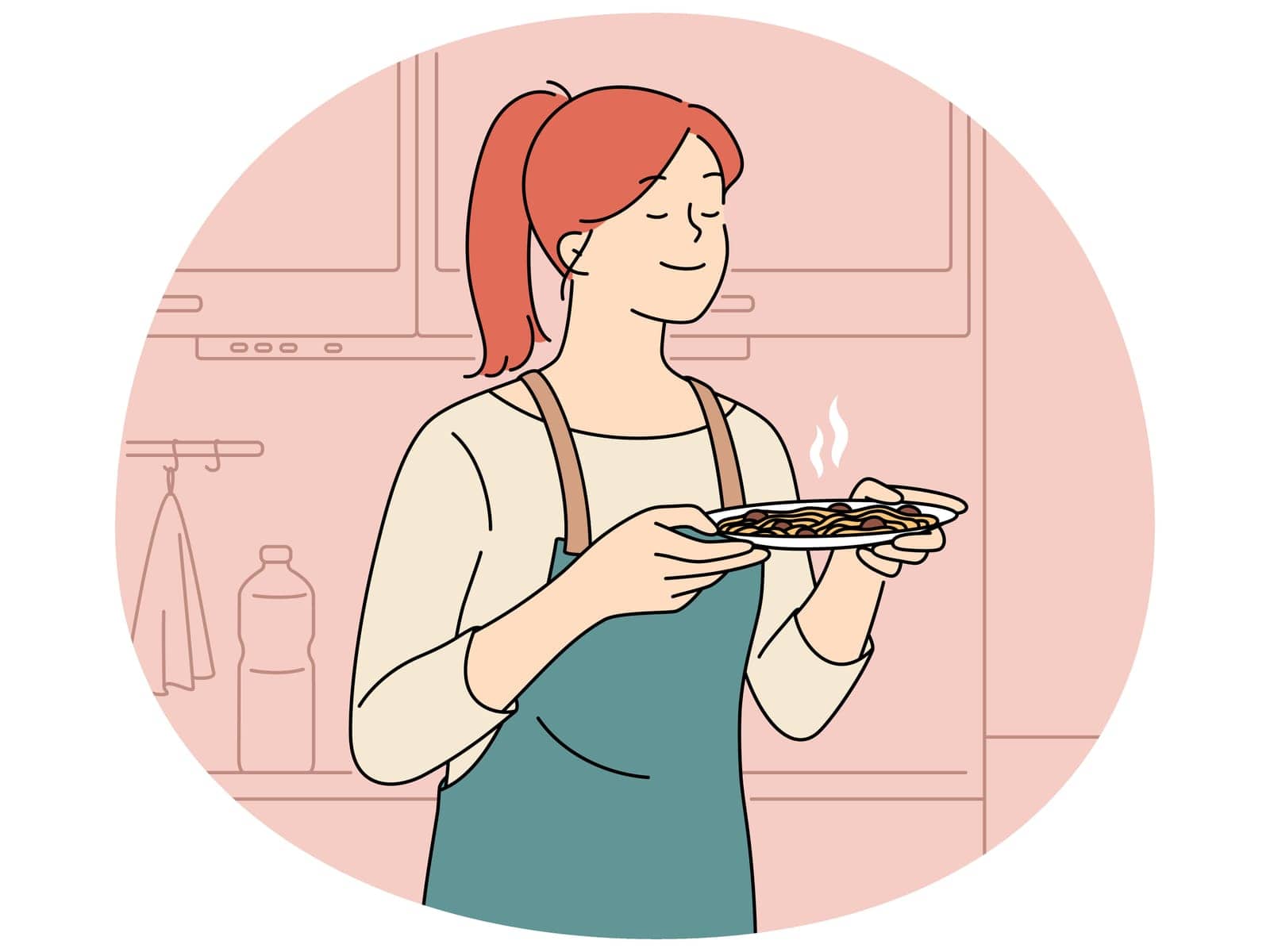 Happy woman in apron smell food in kitchen. Smiling satisfied girl cooking at home enjoy delicious meal preparation. Vector illustration.