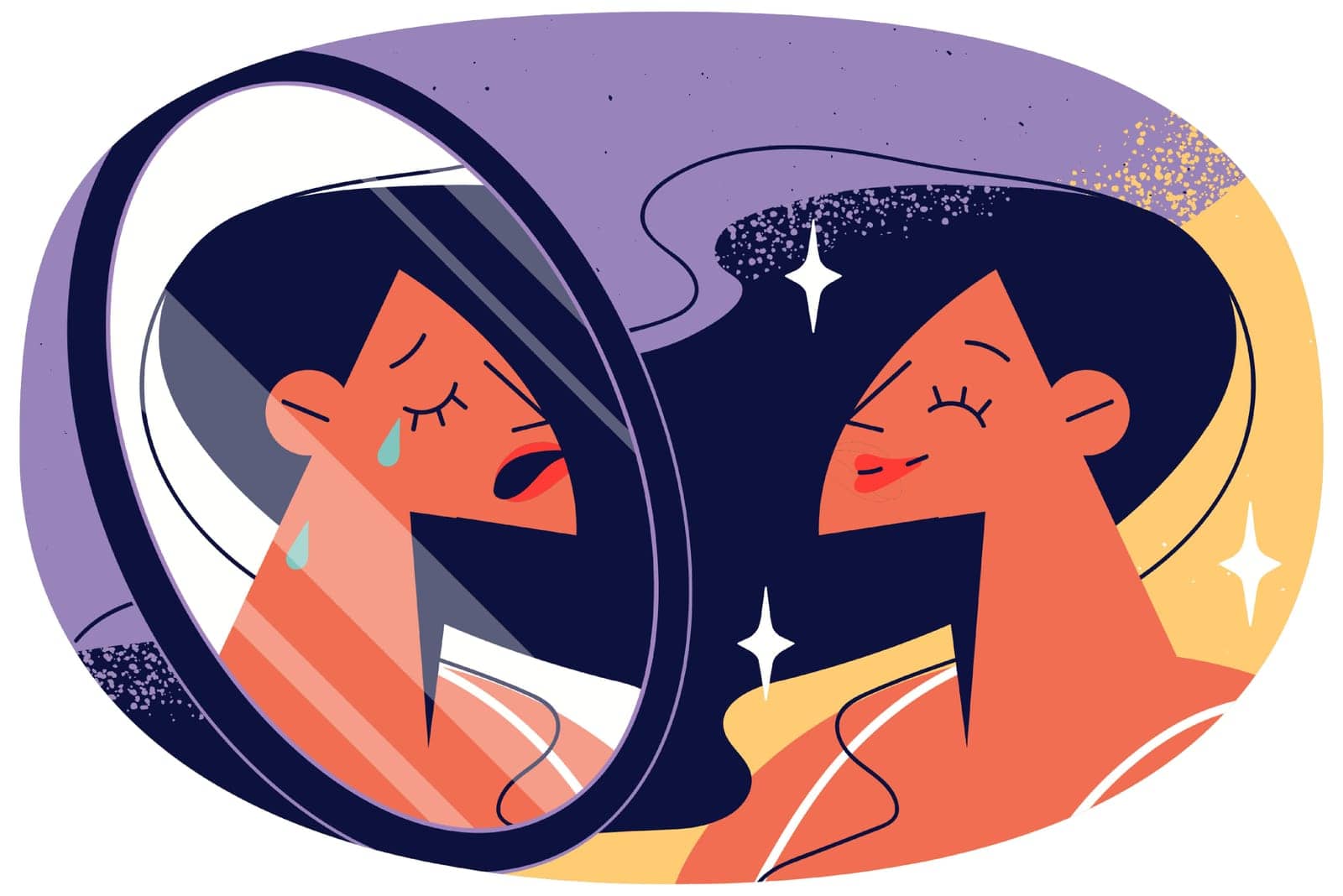 Woman looking in mirror suffer from personality disorder hiding problems. Girl struggle with insecurity and self-destruction. Mental trouble. Vector illustration.