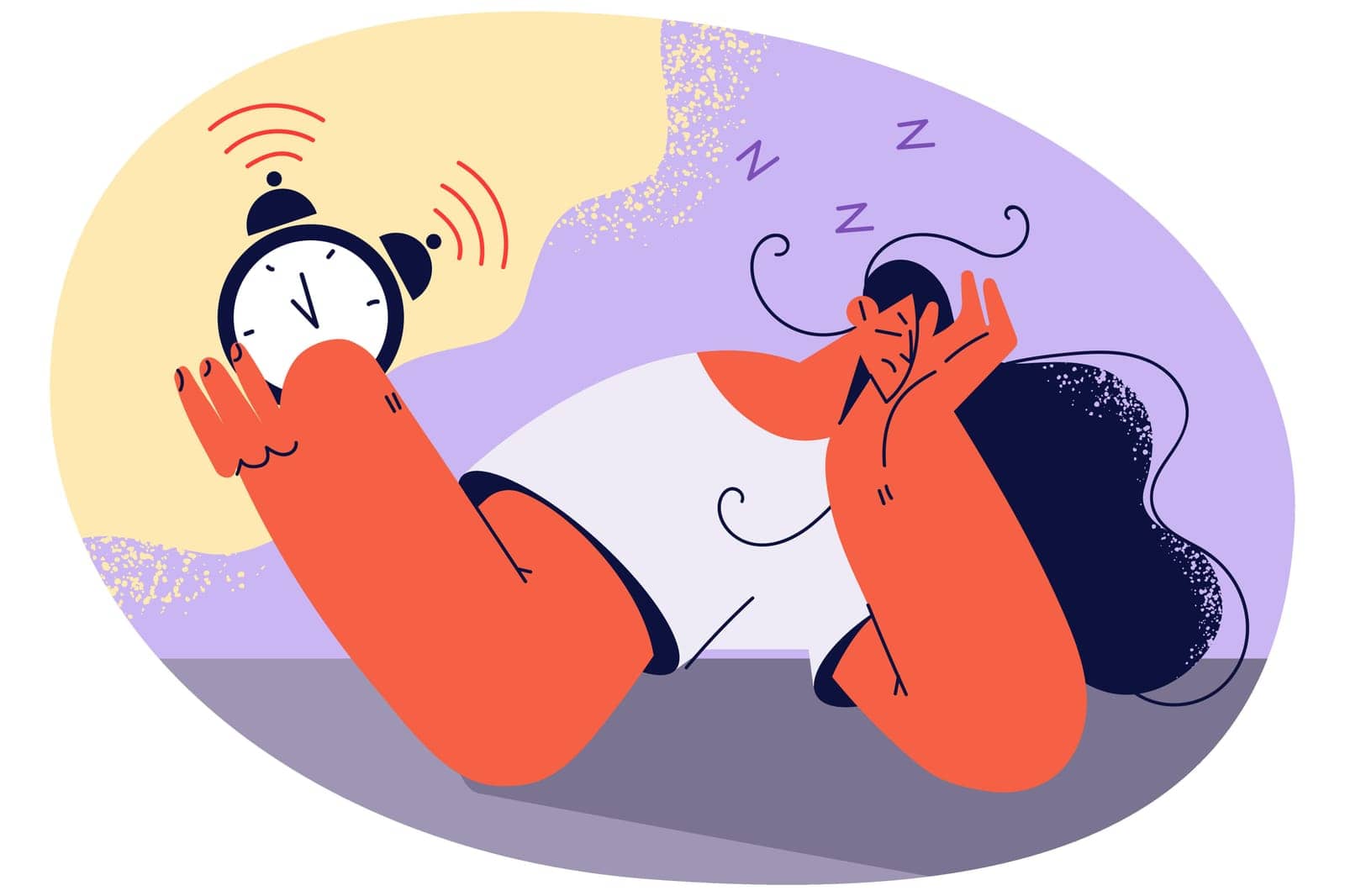 Tired woman in bed turn off alarm ringing. Unhappy exhausted female stressed with clock signal in morning. Vector illustration.