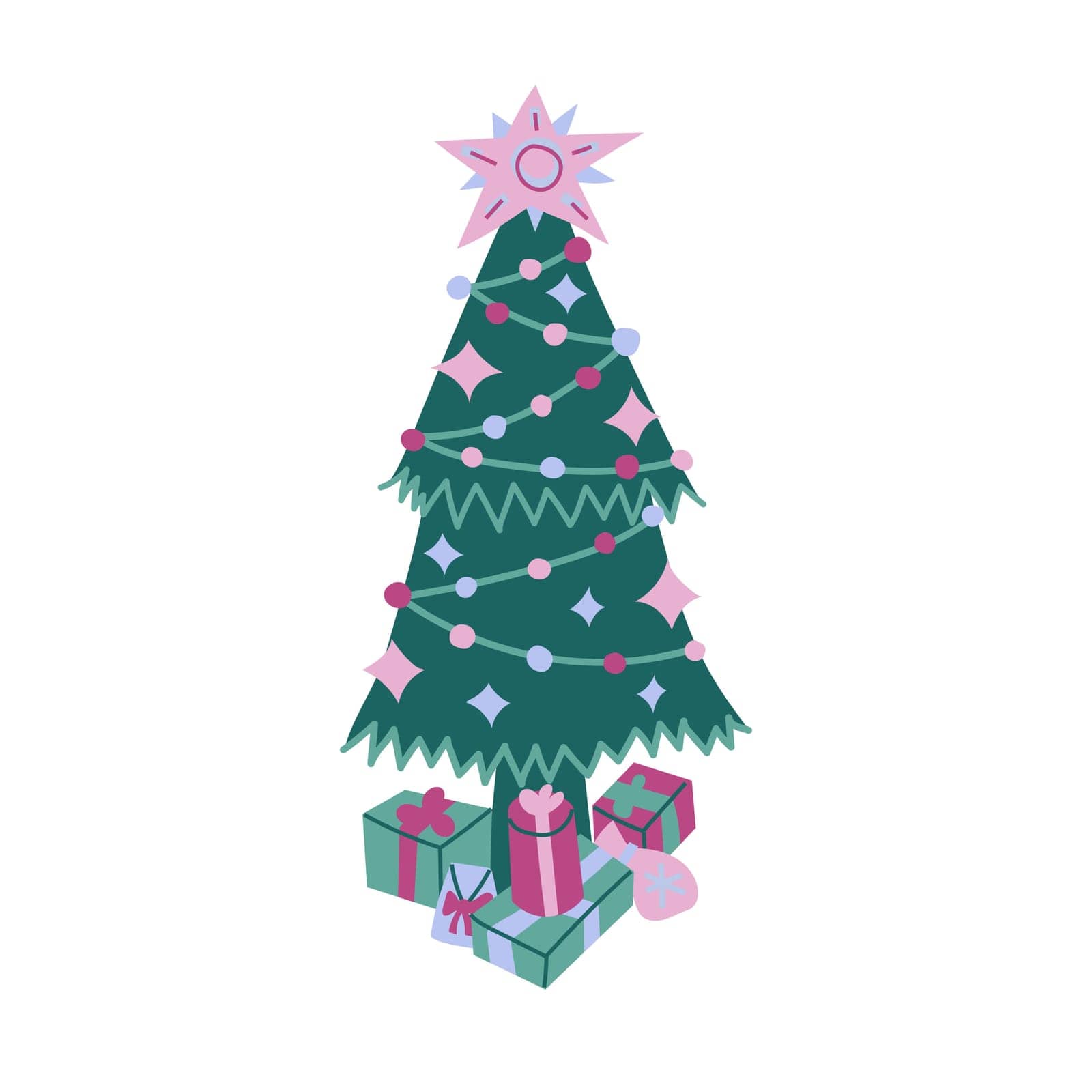 Decorated Christmas tree illustration. A tall fir tree with a star on top, decorated with ornaments and lights, and colorful wrapped gifts underneath. Isolated on a white background.