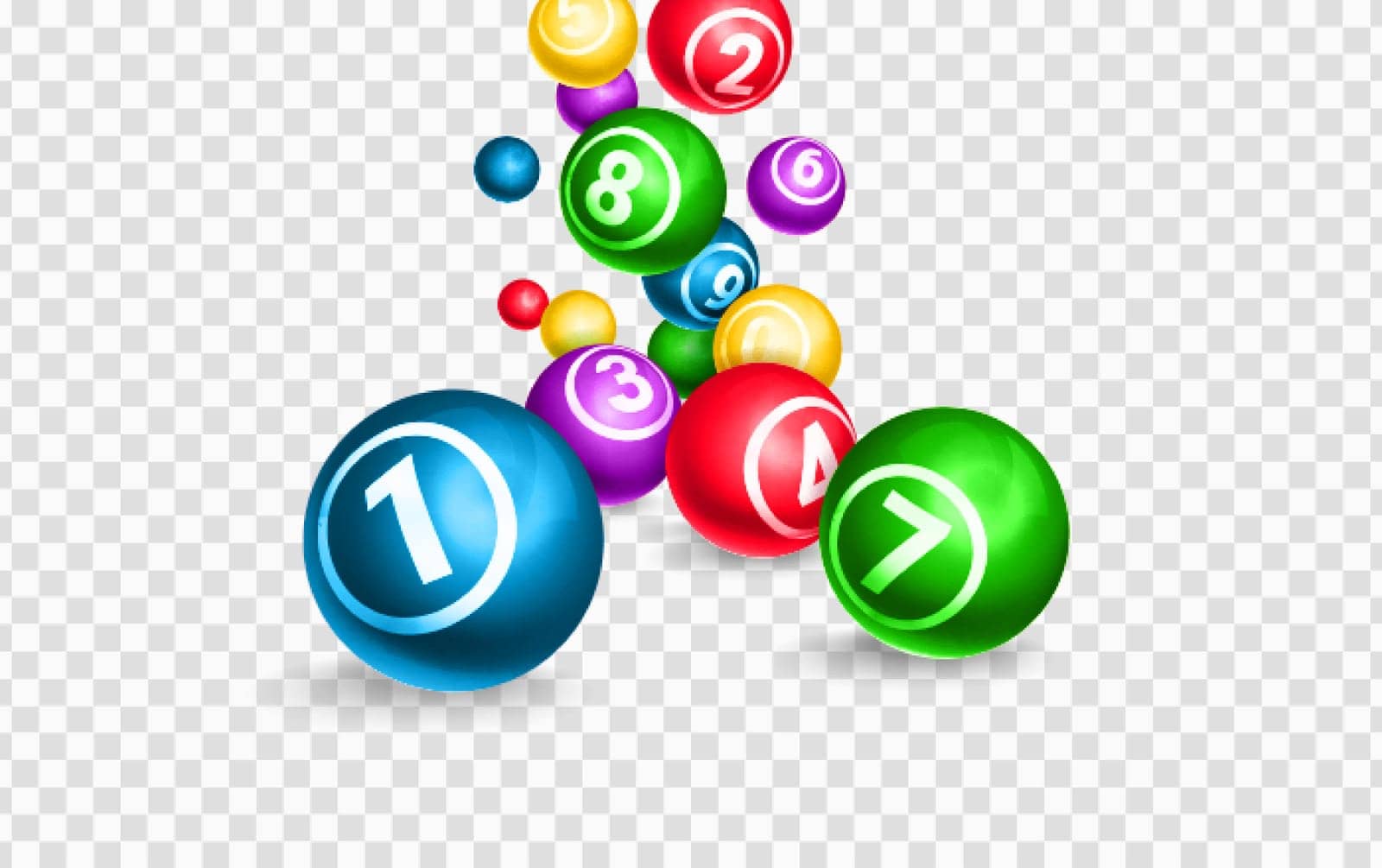 Lotto balls 3d realistic vector illustration. Colourful falling spheres with lucky winning combination numbers. Keno, bingo, lottery gambling games. Gaming leisure activity, raffle or jackpot concept.