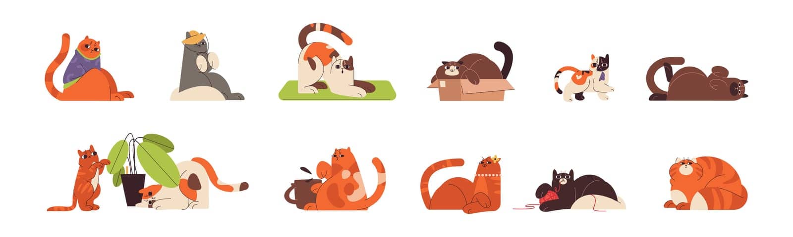 Flat cute ginger cats and kitty in different funny poses. Playful happy domestic feline animals doing yoga, playing with ball, hiding in box and liying. Fat lazy fluffy pets sitting in sweater and hat