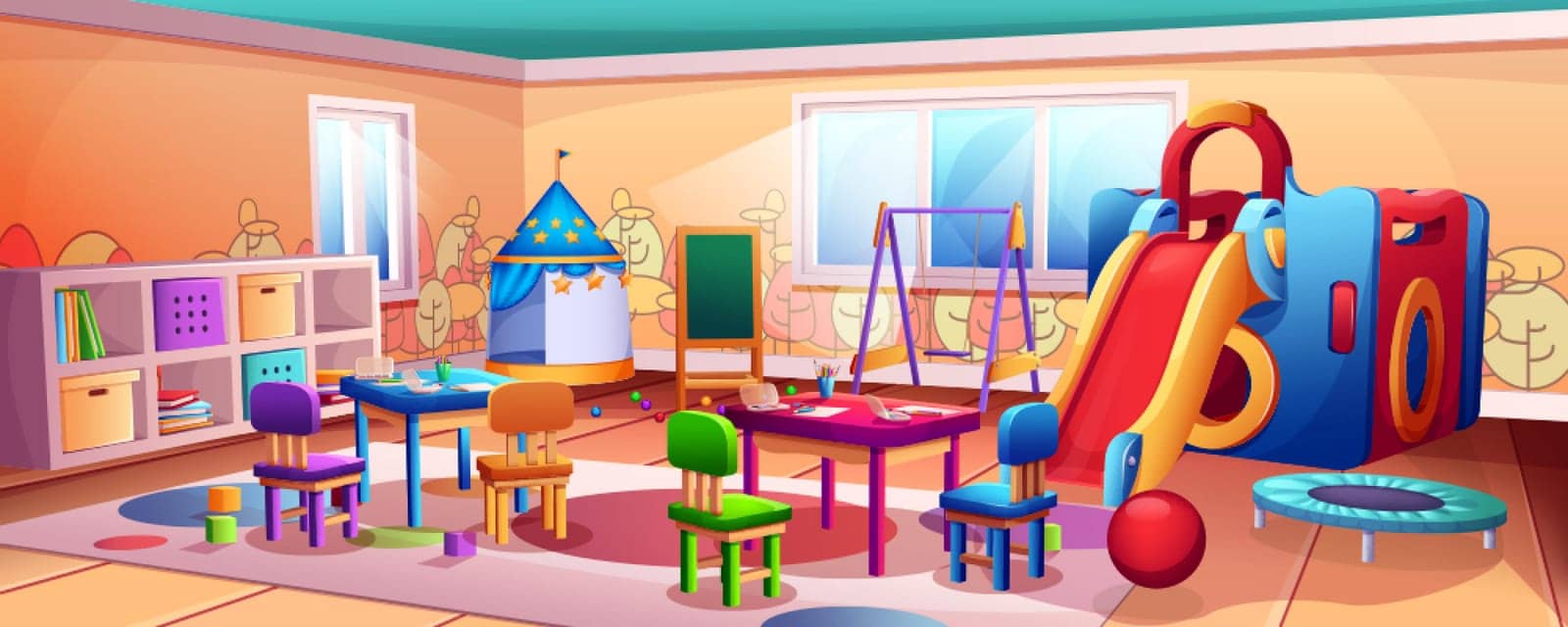 Cartoon kindergarten or preschool classroom interior. Empty kids room with slider, swing, trampoline and play area. Child playroom with toys, tables and chairs, painting board and pencils for drawing.