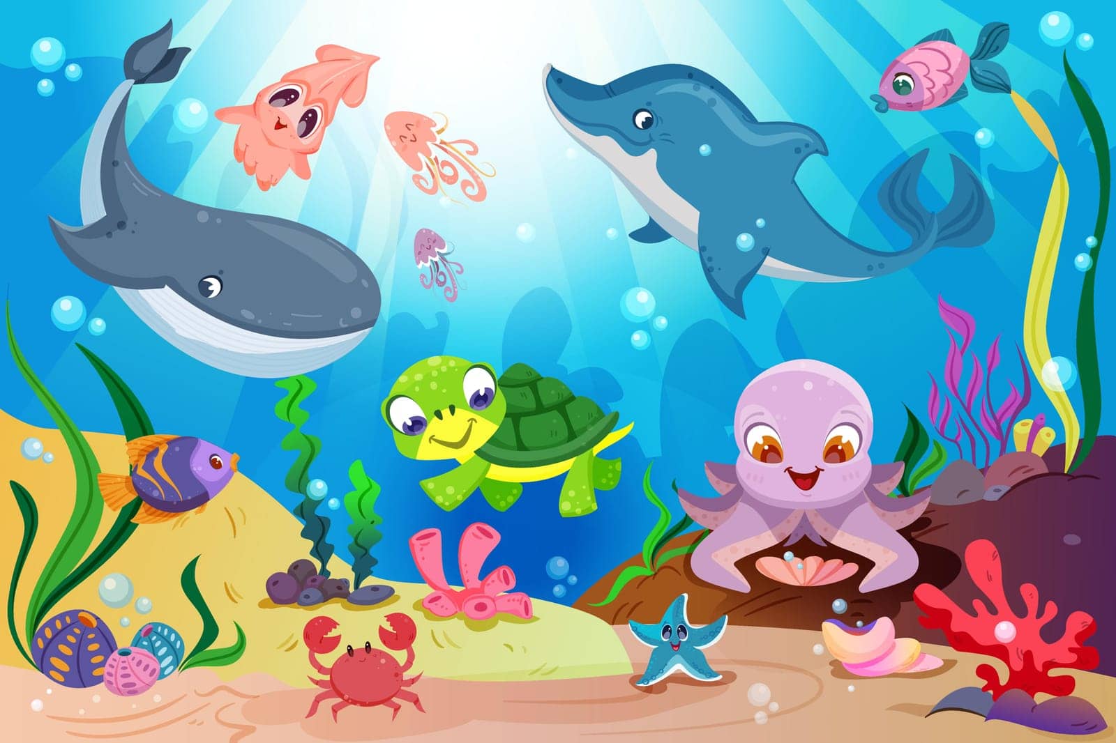 Underwater ocean life with cute sea animals, colorful tropical fish, whale, dolphin and coral reef with marine plants. Undersea landscape with funny turtle, octopus, starfish, squid and crab, seaweeds