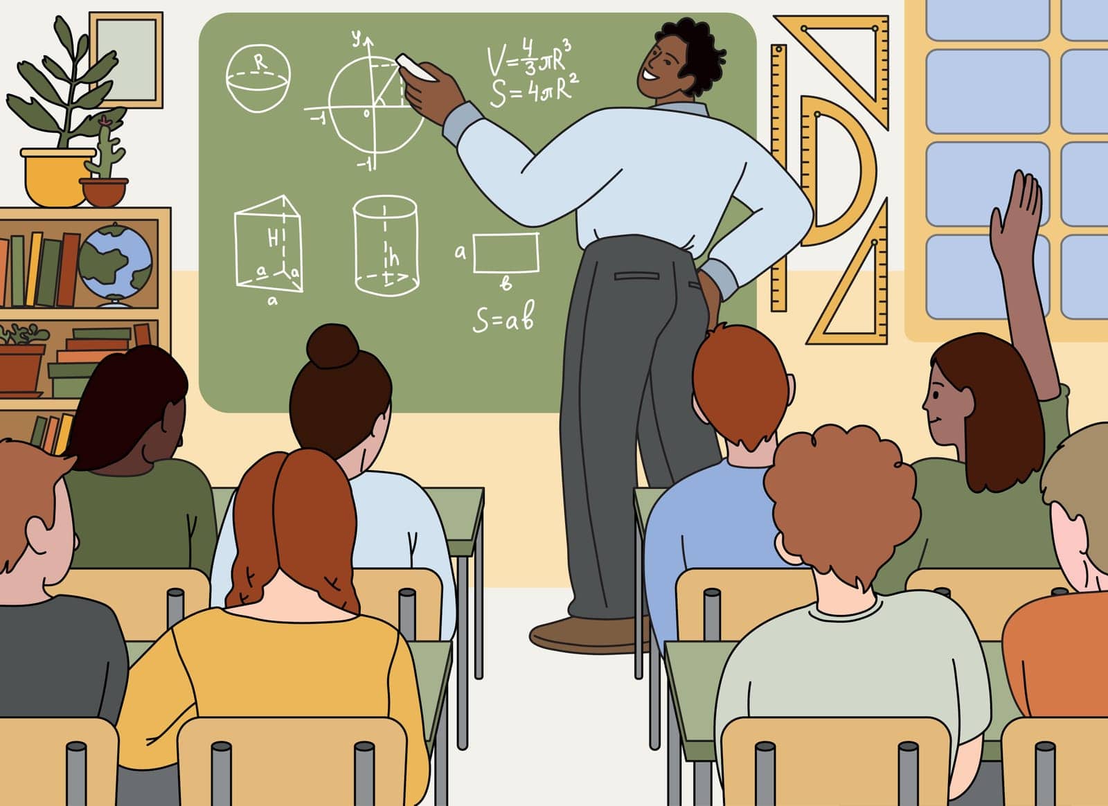 Flat school man teacher standing at chalkboard and teaching mathematics in classroom. Students learn on lessons. Lecturer training geometry. Professor explaining and writing formula on blackboard.