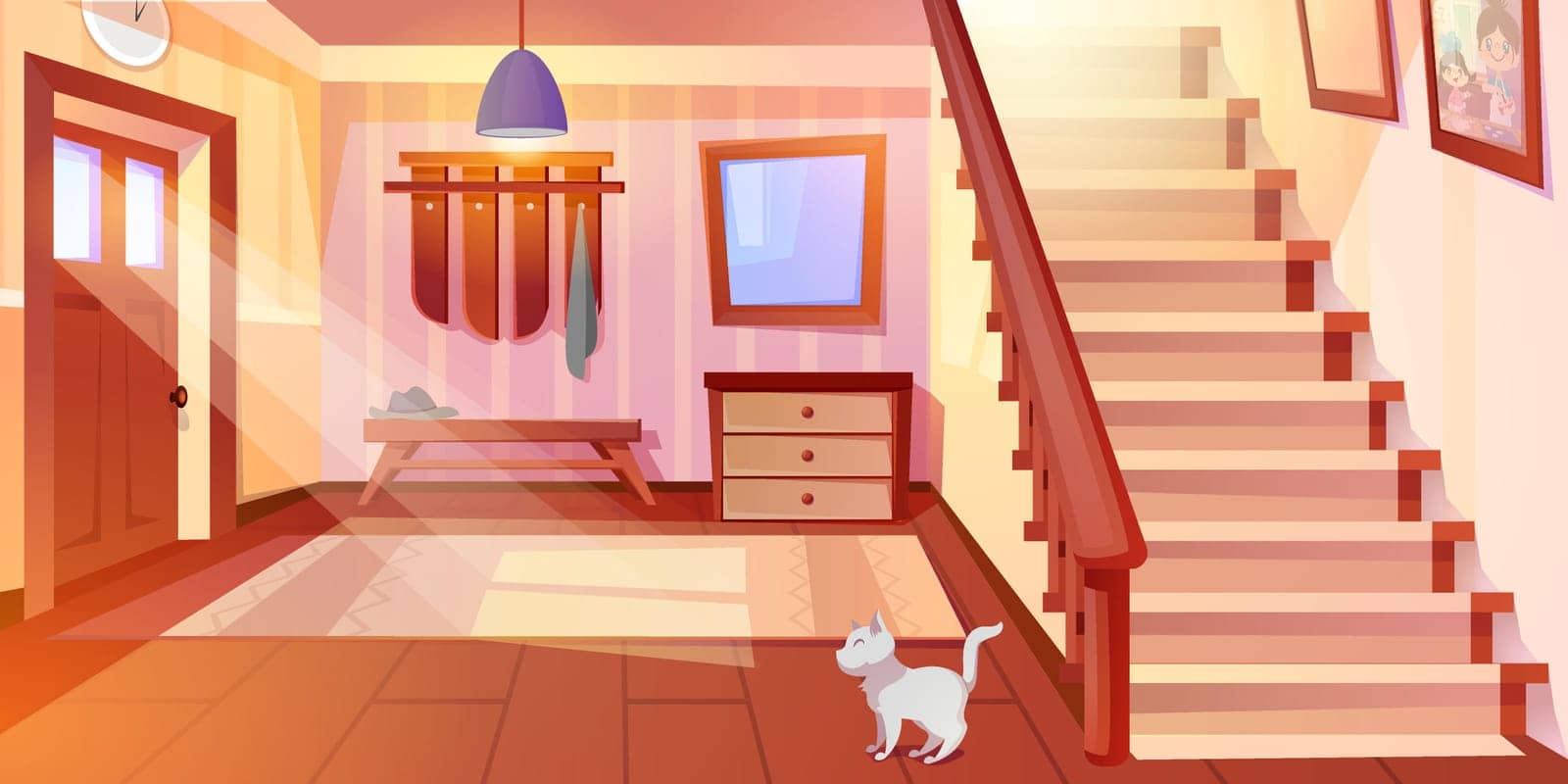 Cartoon house hallway entrance interior with wooden stairs and furniture by Redgreystock