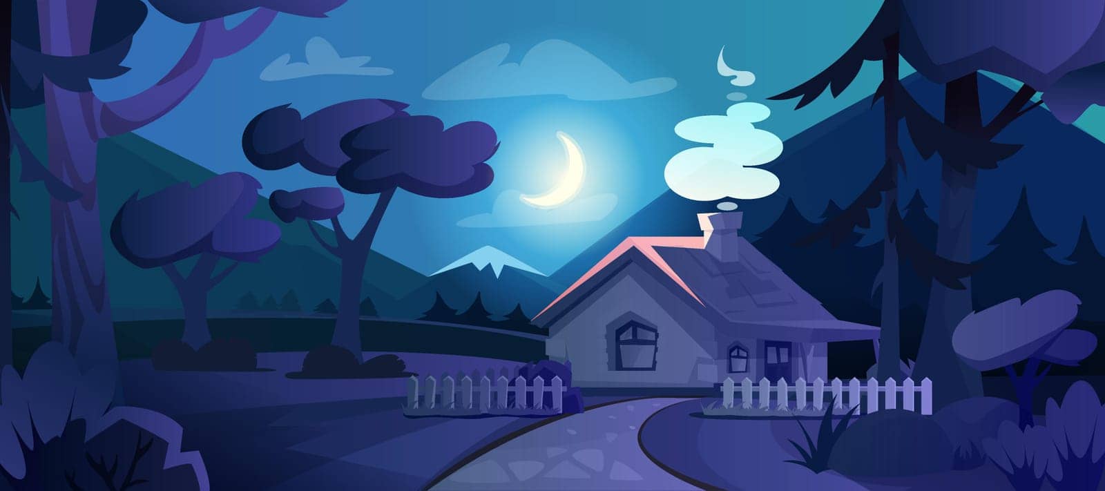 Cartoon country house with glow windows in night forest. Nature scene landscape of forester cottage with smoke from chimney, fence, road, mountains and moon in dark sky. Rural village under moonlight.