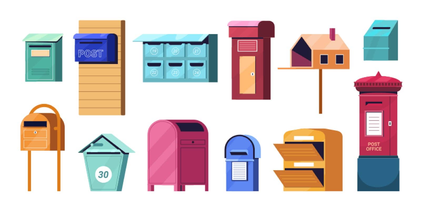 Flat mailbox or post box set. Color letterboxes for correspond letters delivery. Street stainless mail boxes or containers for paper correspondence, postal envelopes vector cartoon illustration.