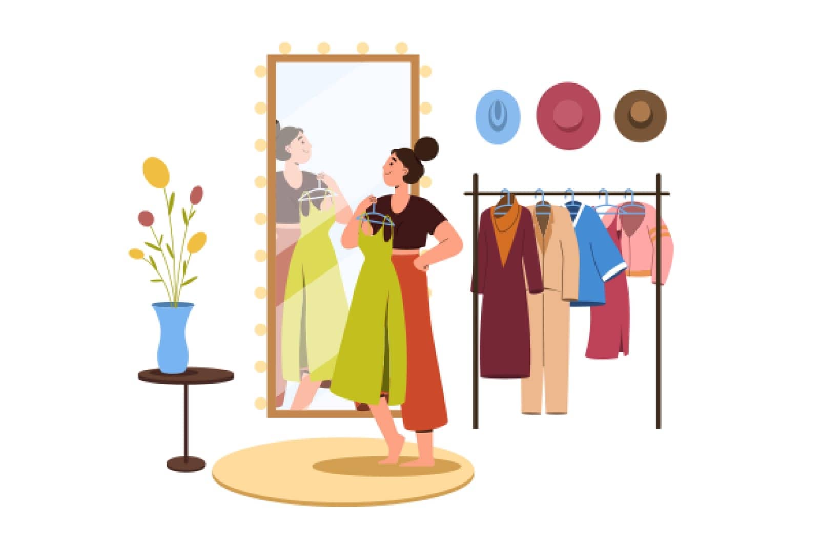 Flat girl in wardrobe stand in front of big illuminated mirror and choose outfit. Young woman shopping in boutique store. Female character hold dress. Clothes and accessories hang on floor hanger.