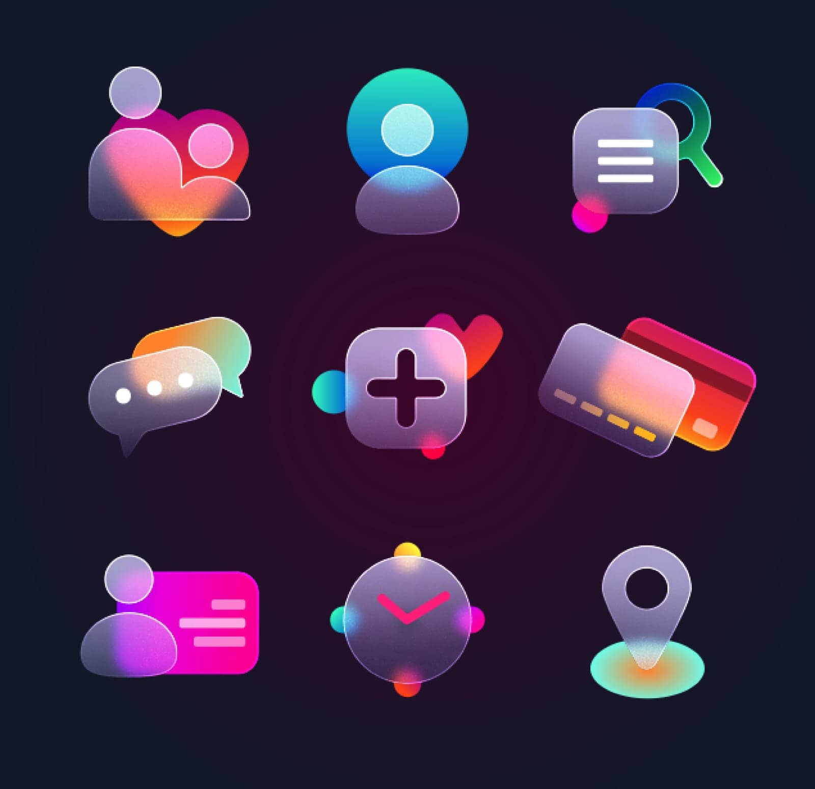 Realistic set of glassmorphism ui icons for website or mobile app. Vector location, chat, contact, social media, credit card and clock glass morphism transparent design elements on black background.