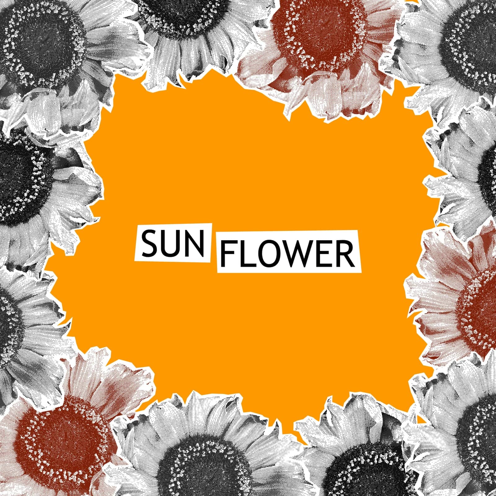Sunflowers halftone collage poster template with dotted flowers. Square frame, border, background with copy space. Modern pop art mixed media design. Trendy vector illustration