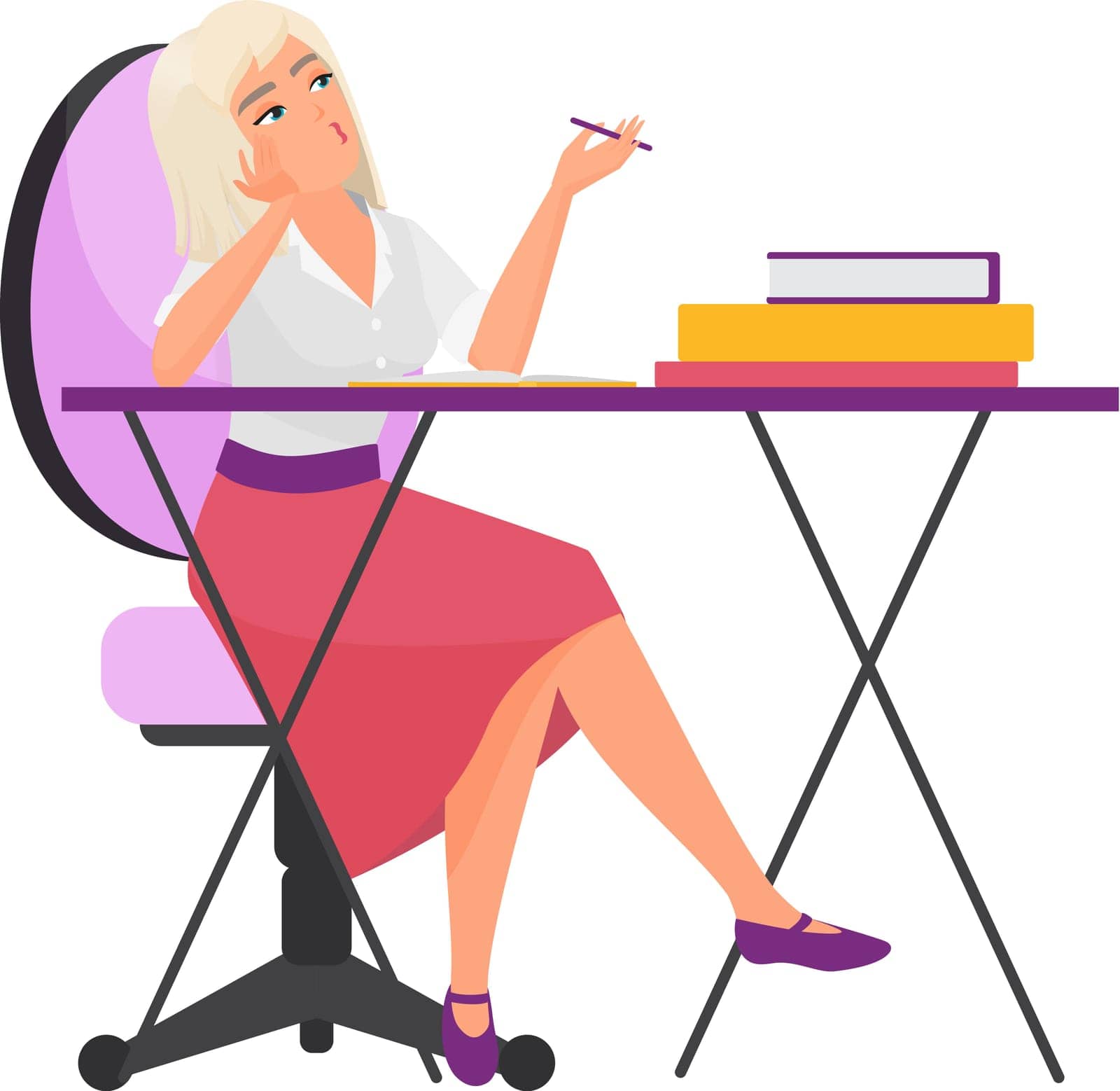 Student girl learning at desk. Female student thinking at table cartoon vector illustration