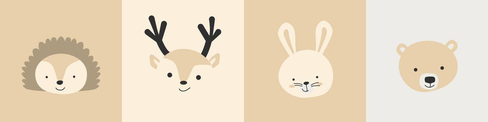 cute woodland animal portraits heads. Vector illustration in flat style. Cute animal faces can use for print, poster, nursery textile, clothes. Pastel brown colors.
