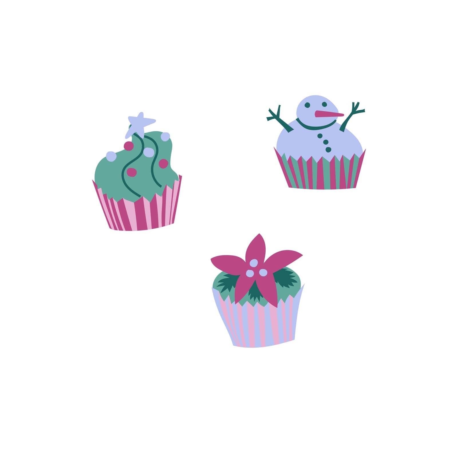 Set of 3 Christmas-themed cupcakes. Xmas tree, snowman, and poinsettia shapes. Isolated on a white background. Colorful hand-drawn vector illustration.